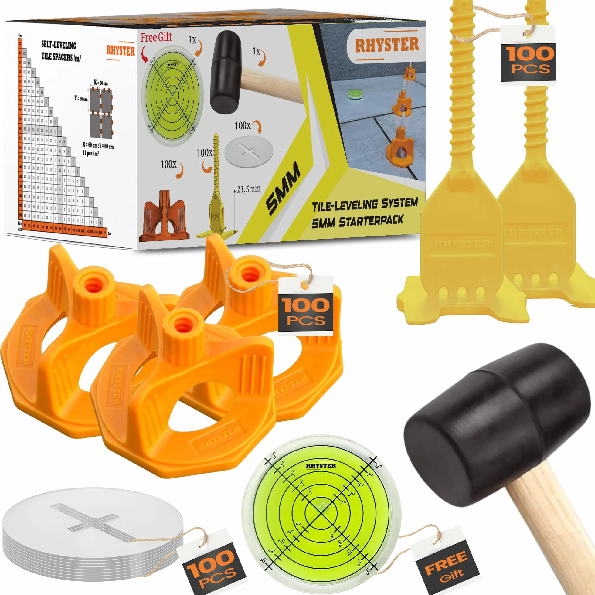 Kit de crucetas autonivelantes de 5 mm – Starter Pack - 302 Unidades | 100 Clips + 100 cuadrantes + 100 Protecciones + mazo + Nivel de Burbuja Incluido | Colocación fácil y precisa