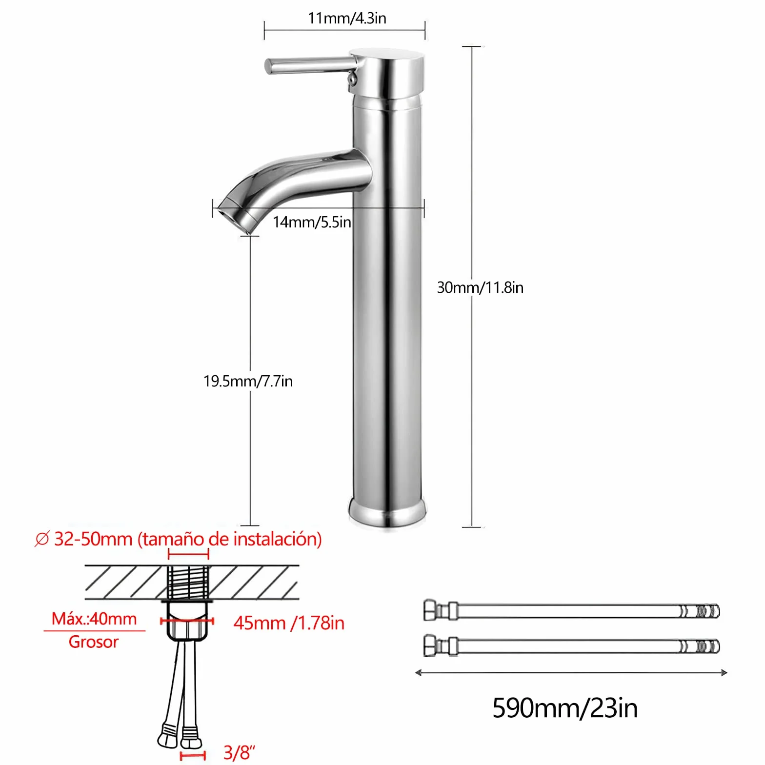 Grifo de Lavabo Durable Práctico, Grifo de Baño Monomando Alto, Válvula De Cerámica para el Fregadero, Mezclador de Agua Fría y Caliente, Metales de Cromado.