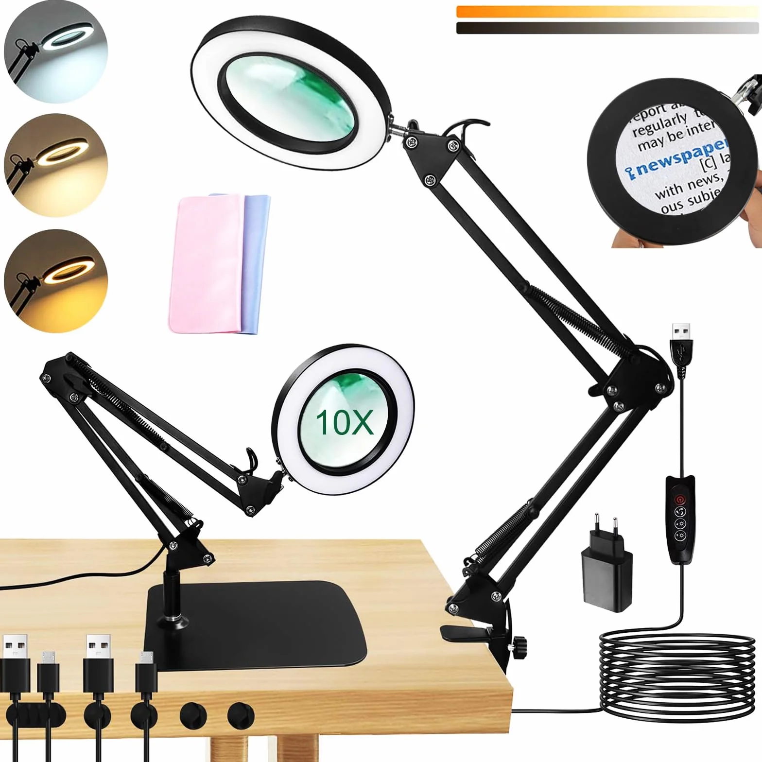 UCAMP Lupa 10X LED de Lampara Escritorio, Lámpara de Aumento con Soporte, Lupa para Esteticistas y Manualidades, Luz LED para Costura y Reparación