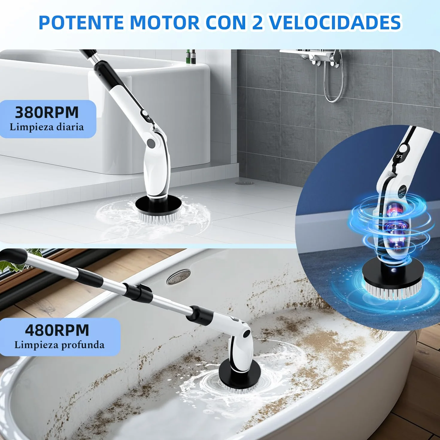 Cepillo Electrico Limpieza Hogar, Cepillo Limpieza Hogar con 4 Ángulos Ajustables, 7 Cabezales de Cepillo, 3 Opciones de Longitud, 90 Minutos de Autonomía, 2 Modos de Velocidad, para Baño, Suelo