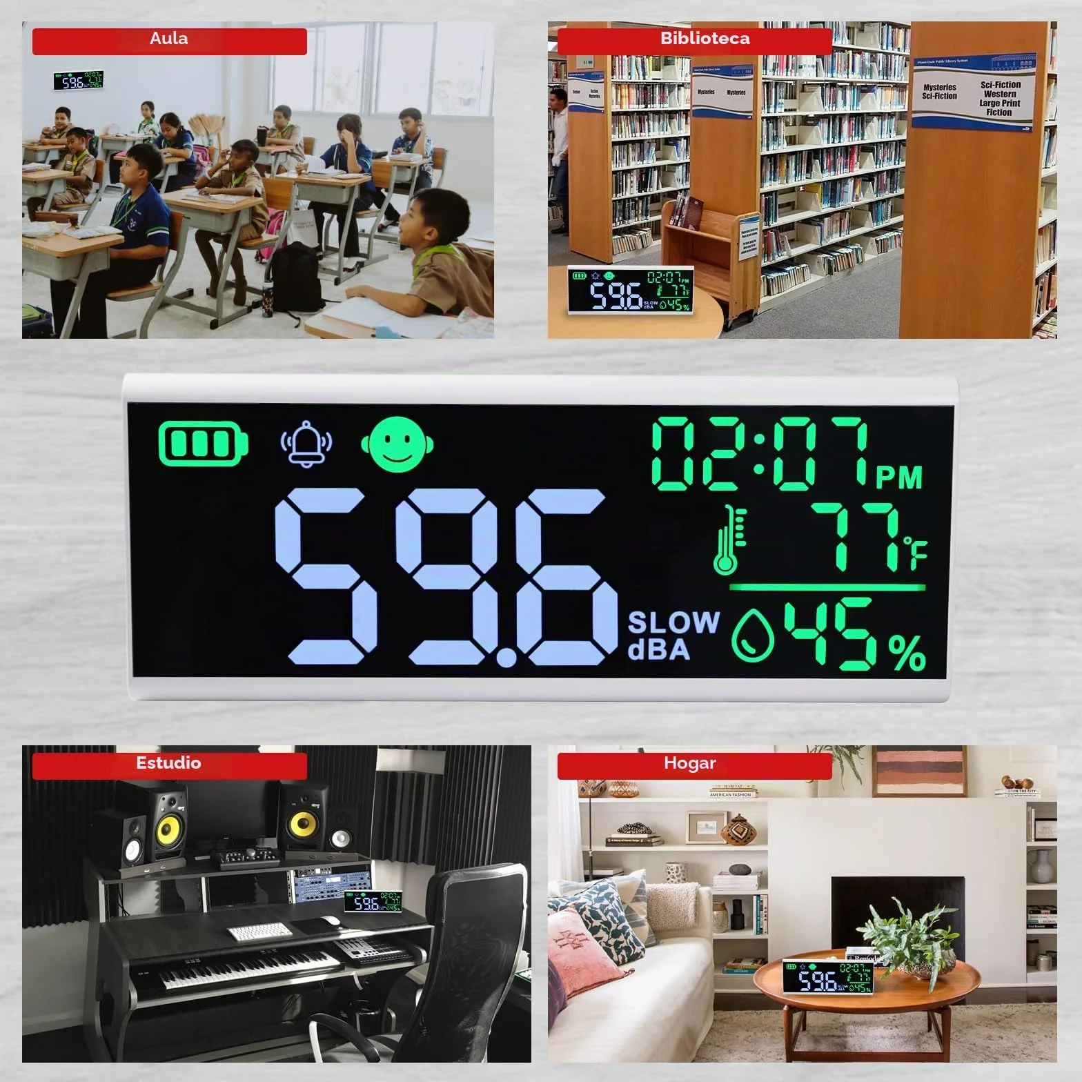 Medidor de decibelios 13 pulgadas, nivel de sonido LED para pared y mesa, alarma con zumbador