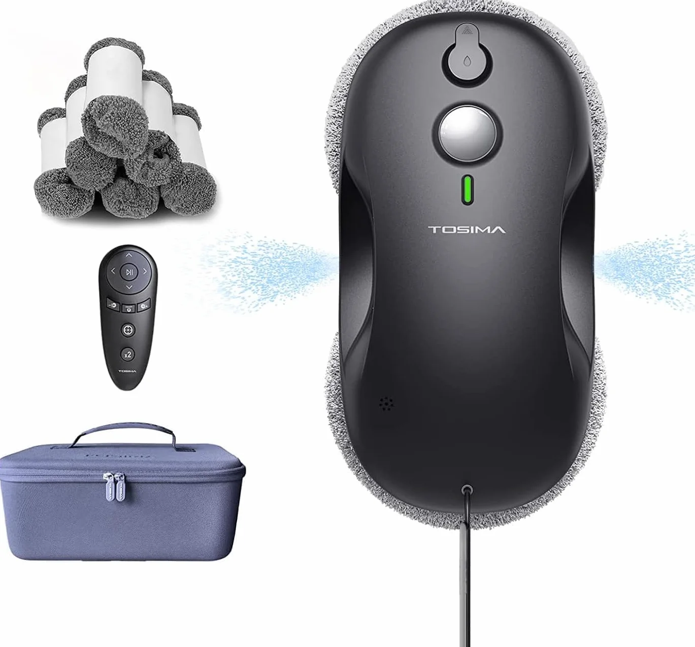 Tosima Robot Limpiacristales, Robot Limpieza de Ventanas Electrico, Sistema de Seguridad, Navegación Inteligente, Control Remoto, para Todas Las Superficies Lisas, con 12 Trapo (W3, Black)