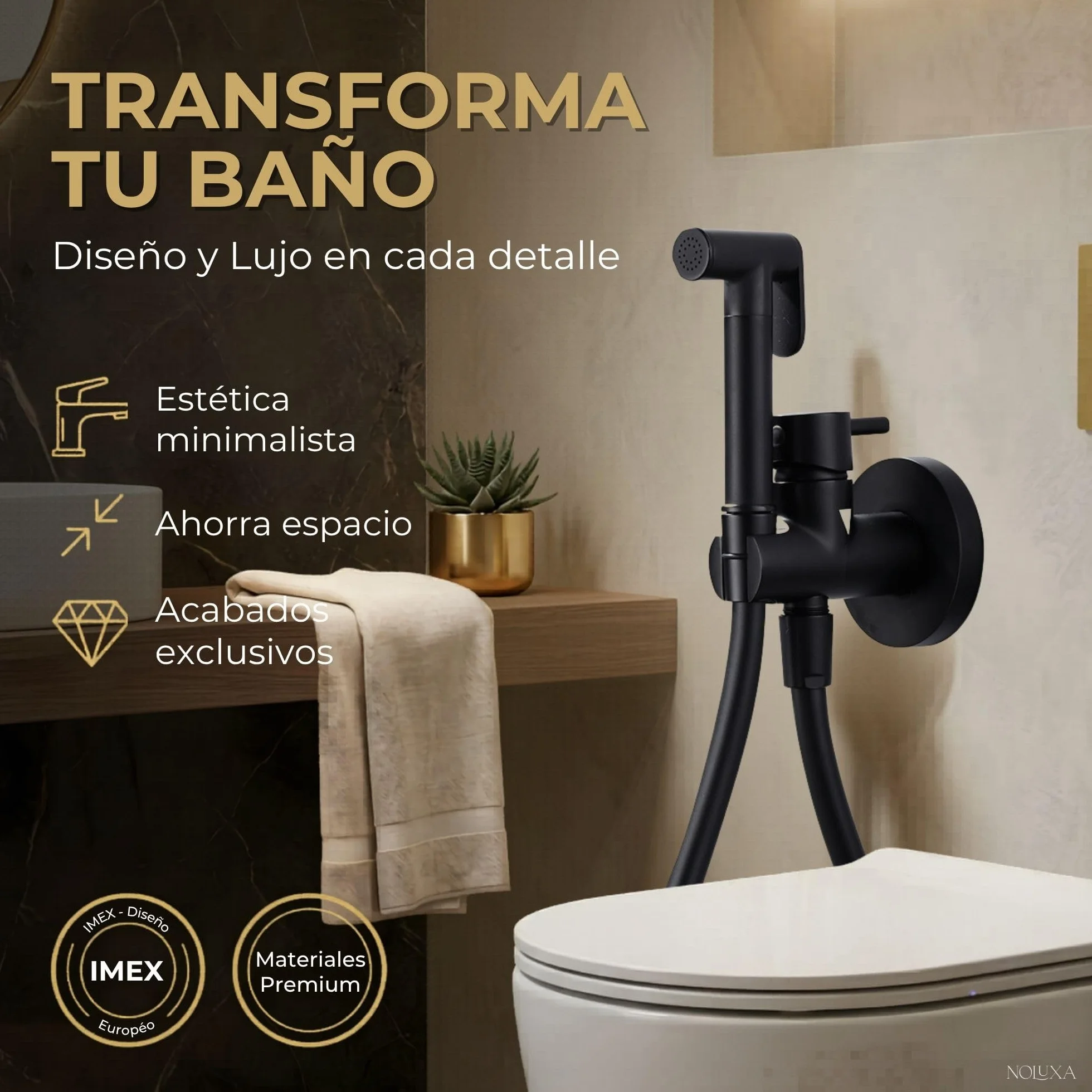 IMEX - Ducha Bidet Agua Fría y Caliente Color Negro Mate | Grifo Bidet Empotrado para WC | Ducha Higiénica Monomando para Inodoro | Grifería Sustituto de Bidé | Serie Munich