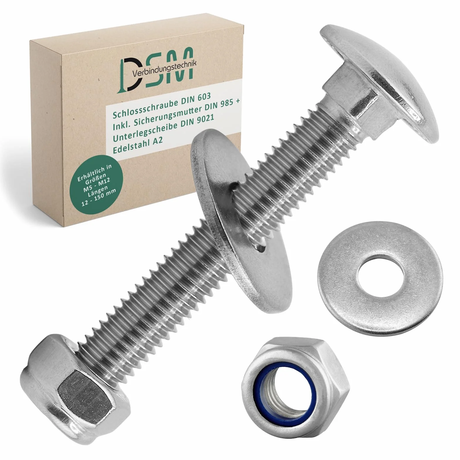DSM – Tornillos M6 x 40 mm según DIN 603 – Tuerca de seguridad M6 DIN 985 y arandela DIN 9021 – Acero inoxidable A2/V2A – Tornillos de cabeza redonda plana con cuello cuadrado – Tuercas de tope – 100