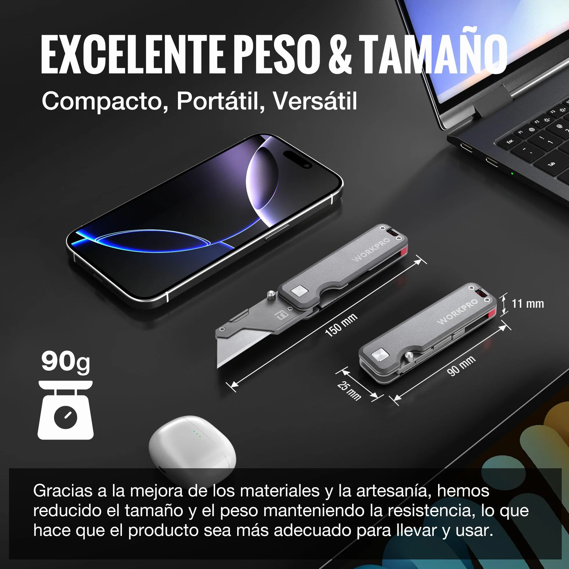 WORKPRO Cúter Plegable de Titanio CNC, Navaja Utilitaria Profesional con Mango de Aluminio Ligero, Incluye 10 Cuchillas Adicionales