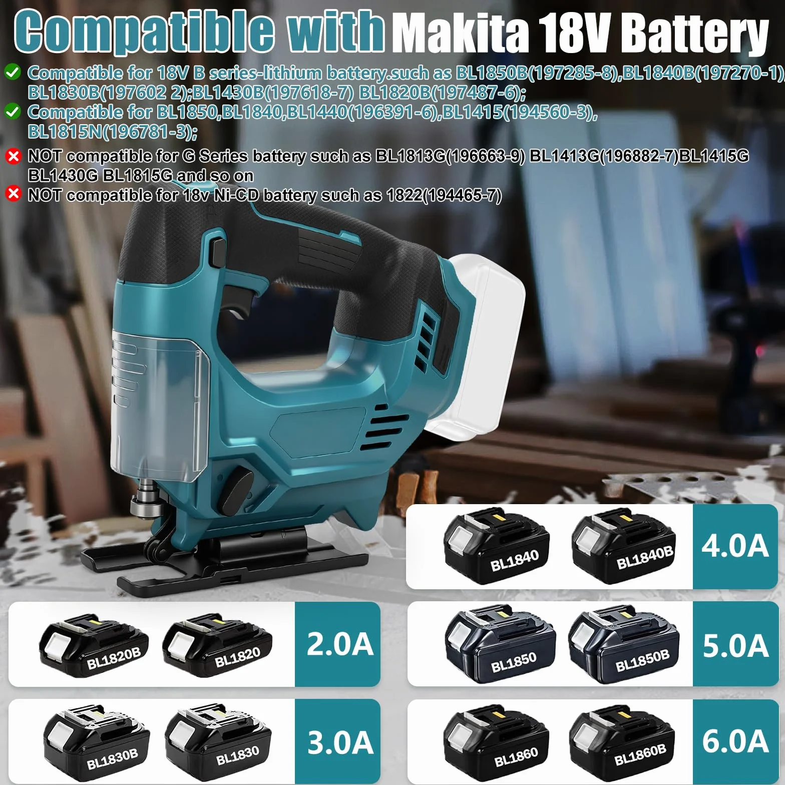 Roadtime Sierra de calar inalámbrica de 420 W para batería Makita de 18 V (sin baterías), motor sin escobillas 800-3500 RPM, ángulo de biselado máximo de 45°, carrera de corte de 26 mm, 6 cuchillas