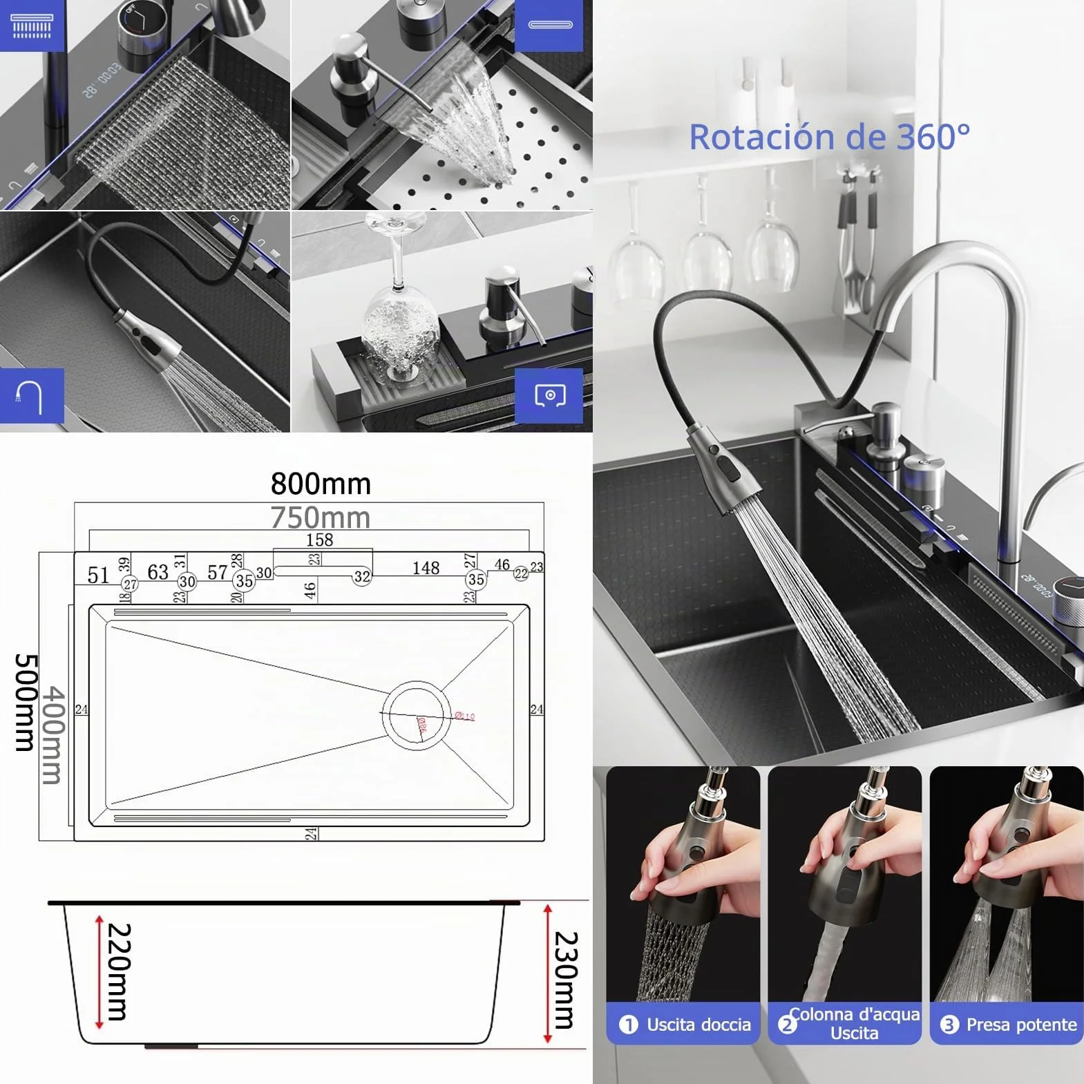 Fregadero de cocina de acero inoxidable multifunción de 80 x 50 cm – 2 cascada fregadero de agua, grifo extraíble, gran lavabo de cocina, con dispensador de jabón, con accesorios para