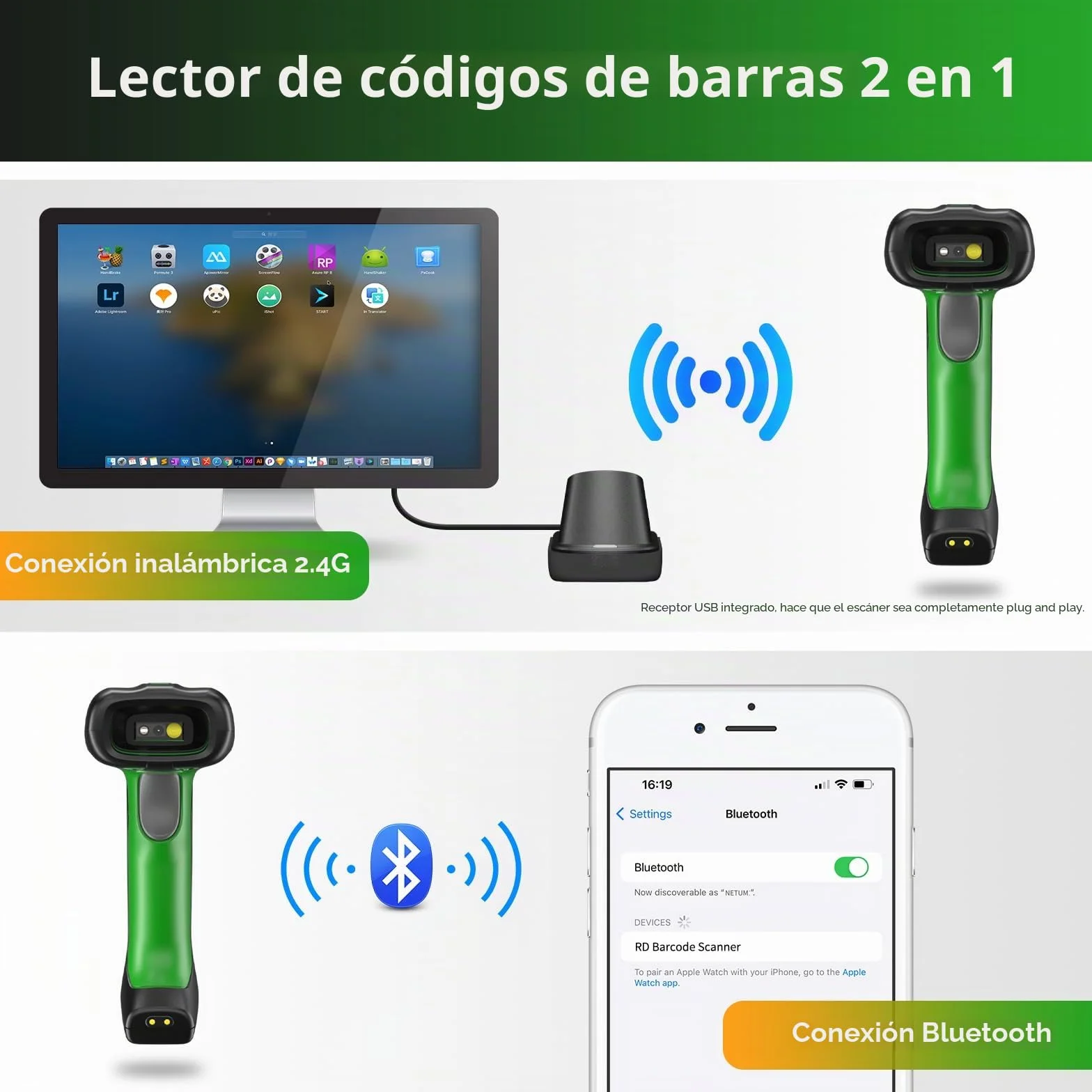 NETUM Escáner de Código de Barras Industrial 2D Bluetooth NT-1950 Lector Inalámbrico 1D 2D 2600mAh