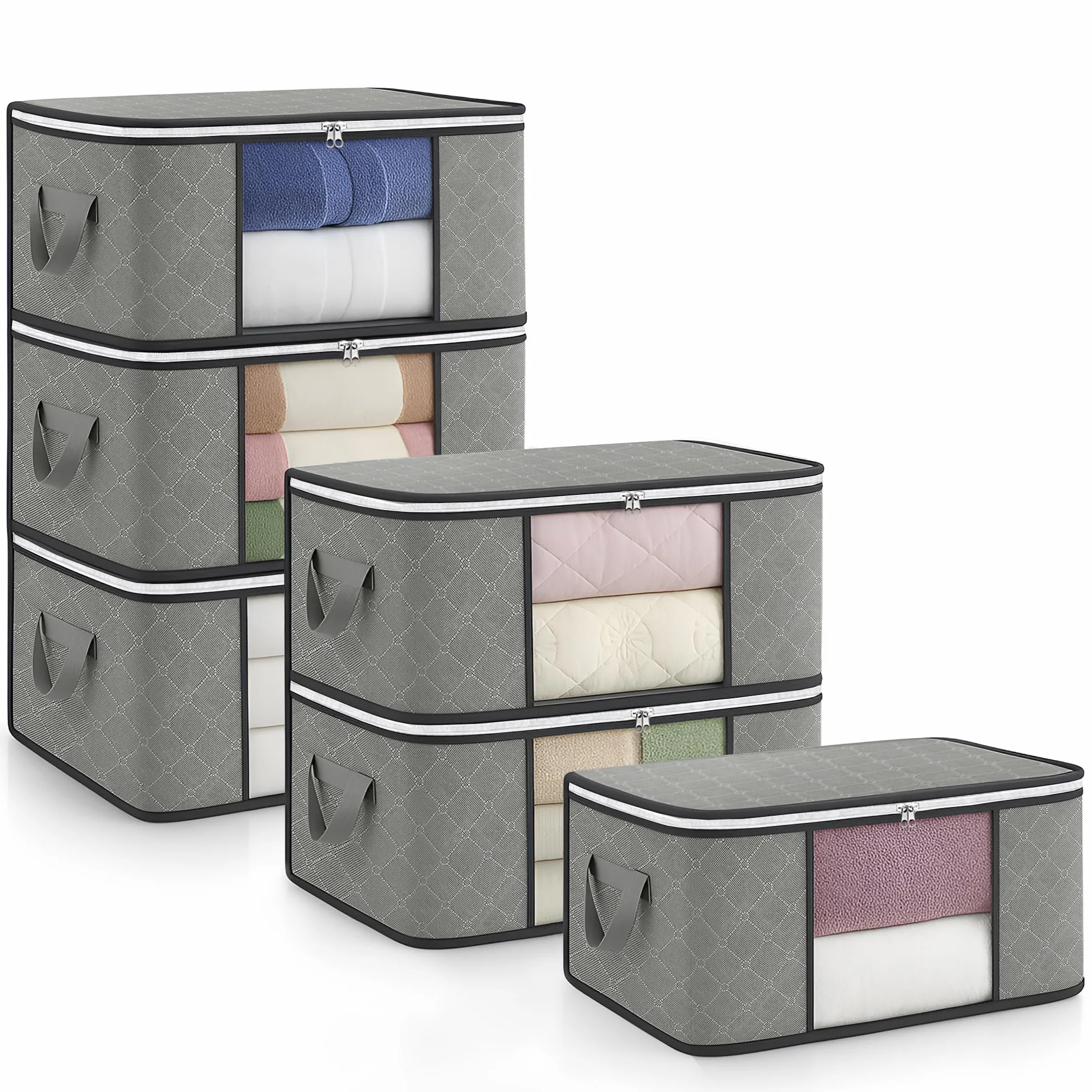 unycos Cajas Almacenaje Ropa 35L Bolsas Plegables Ventana Transparente Doble Cremallera Asas Reforzadas Organizador Toallas Edredones Juguetes 10 kg Grey Black