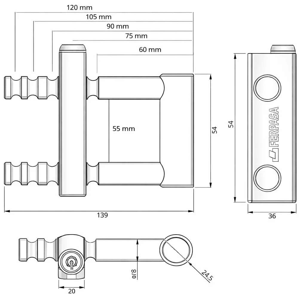 FERPASA® - Candado de Seguridad Extensible - Antirrobo para Verjas, Rejas, Cierres de Tijera, Cierres Extensibles, Cancelas, Puertas de Ballesta - Candado Grande Exterior de 5 posiciones (60-120 mm).