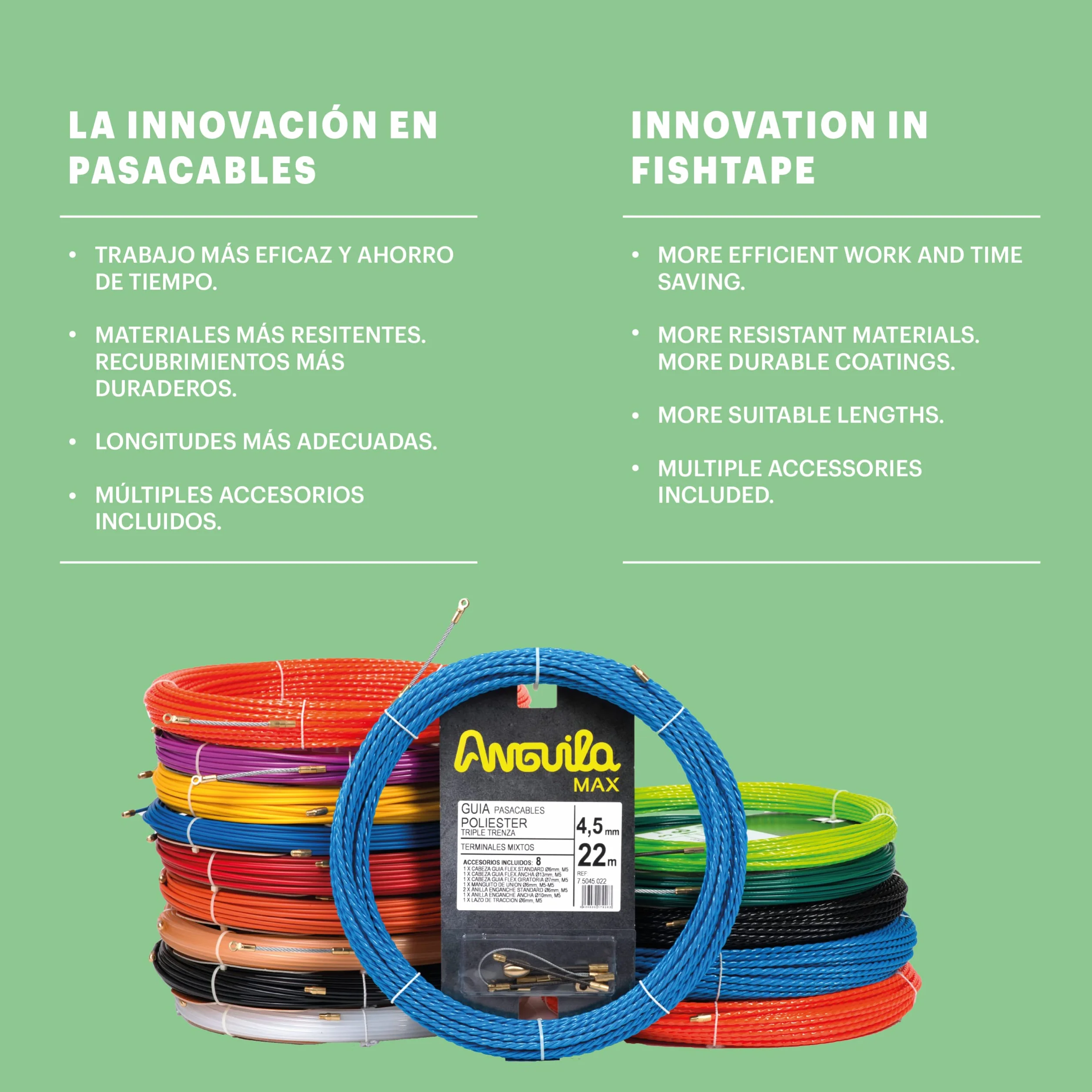 Anguila | Guía Pasacables | Fibra de Vidrio Reforzada + Propileno | Terminales Intercambiables | Color Azul | Diámetro 3mm | 10 Metros