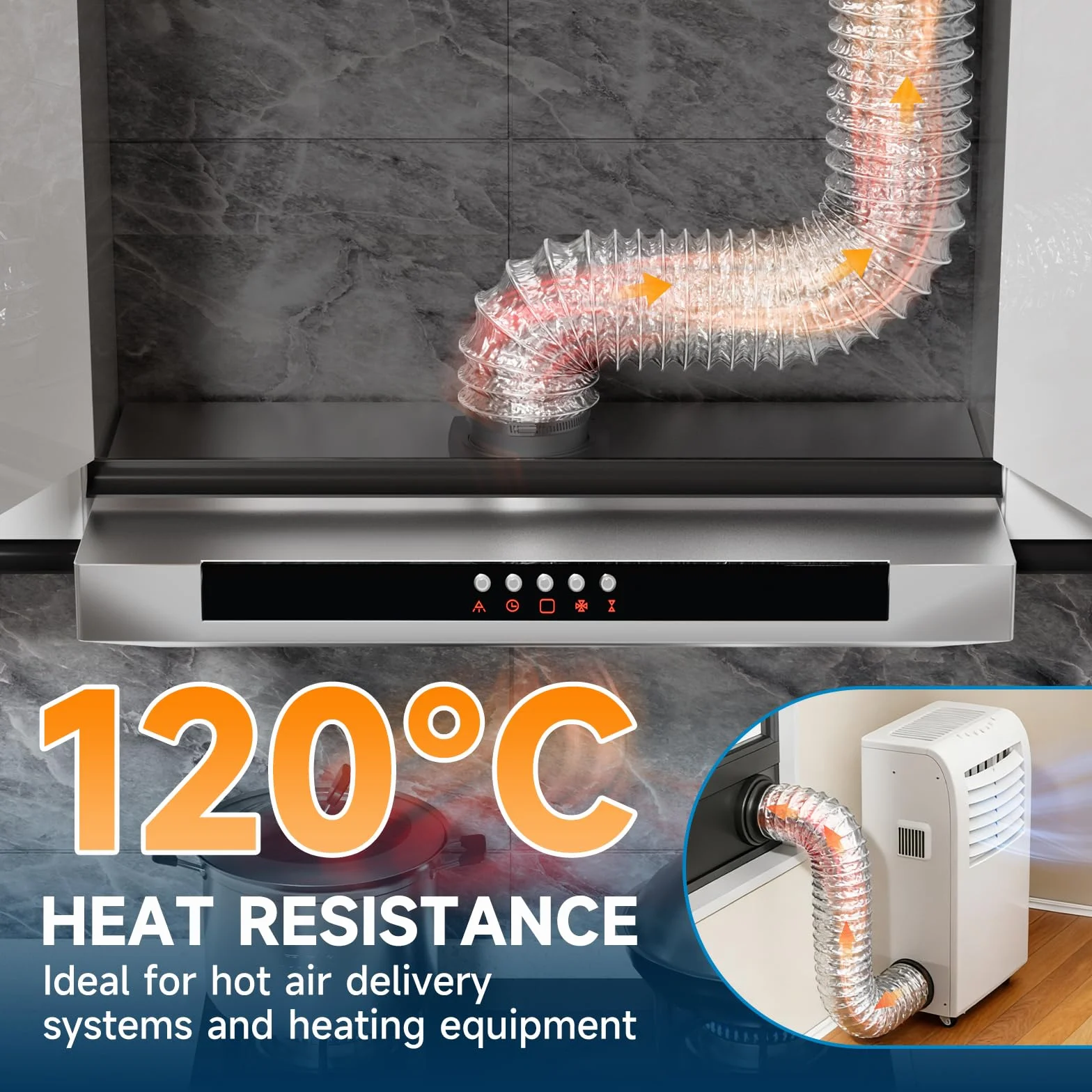 Hon&Guan Ø 125mm X 5m Manguera Flexible de Ventilación de Aluminio Tubo Salida Aire, Tubo Flexible de Salida de Aire con 2 Abrazaderas Acero para Aire Acondicionado, Campana Extractora, Plata