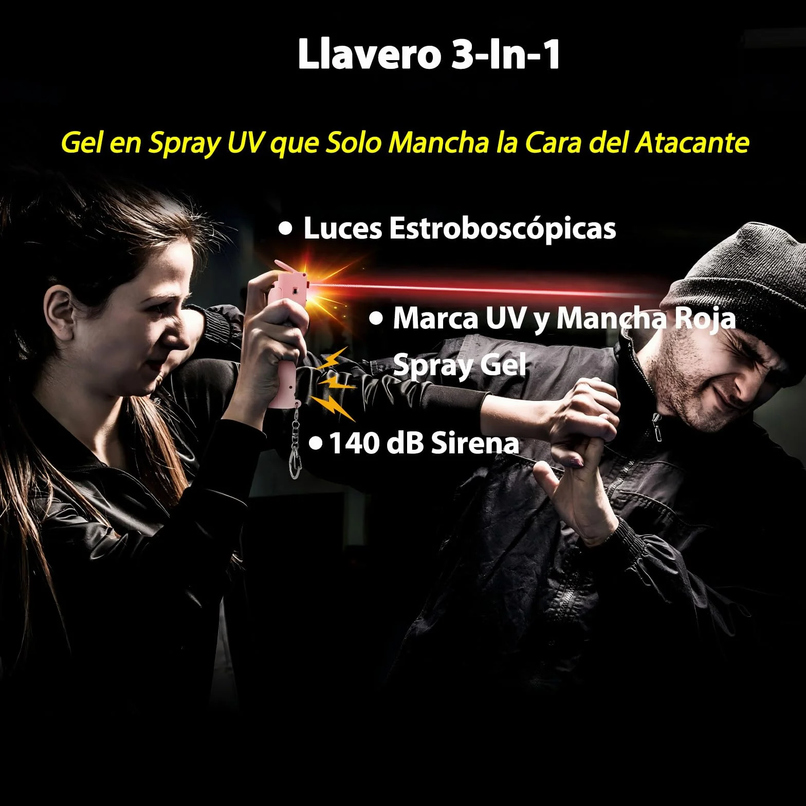 Alarma y Spray Gel 3-In-1 para Mujeres, Marcado Fluorescente UV Invisible y Manchas Rojas, Sirena Extra Fuerte de 140 dB, Luces Estroboscópicas LED Rojas, Botella de Spray Reemplazable