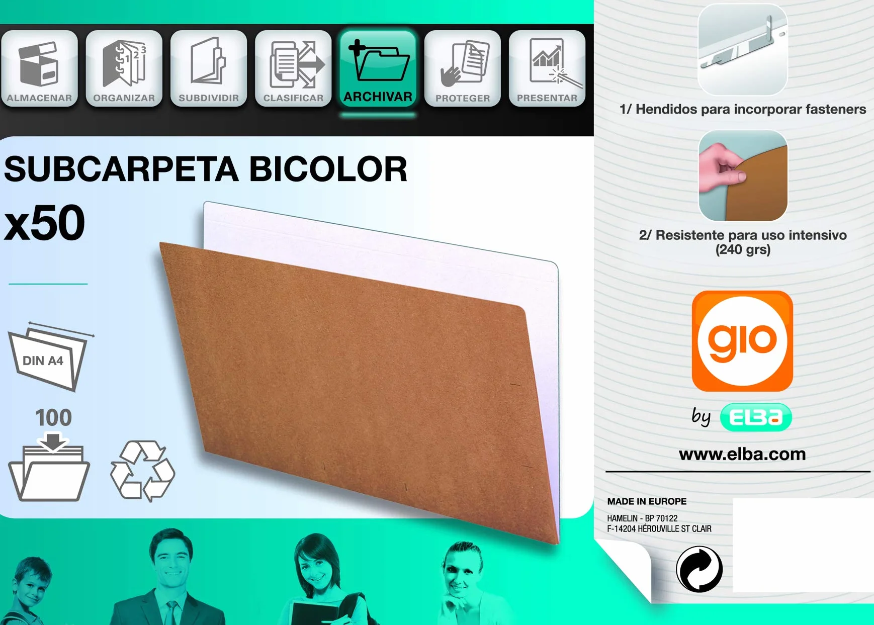 Elba Gio Subcarpetas A4 Cartulina Reciclado Bicolor Kraft Blanco Pack 50 unidades