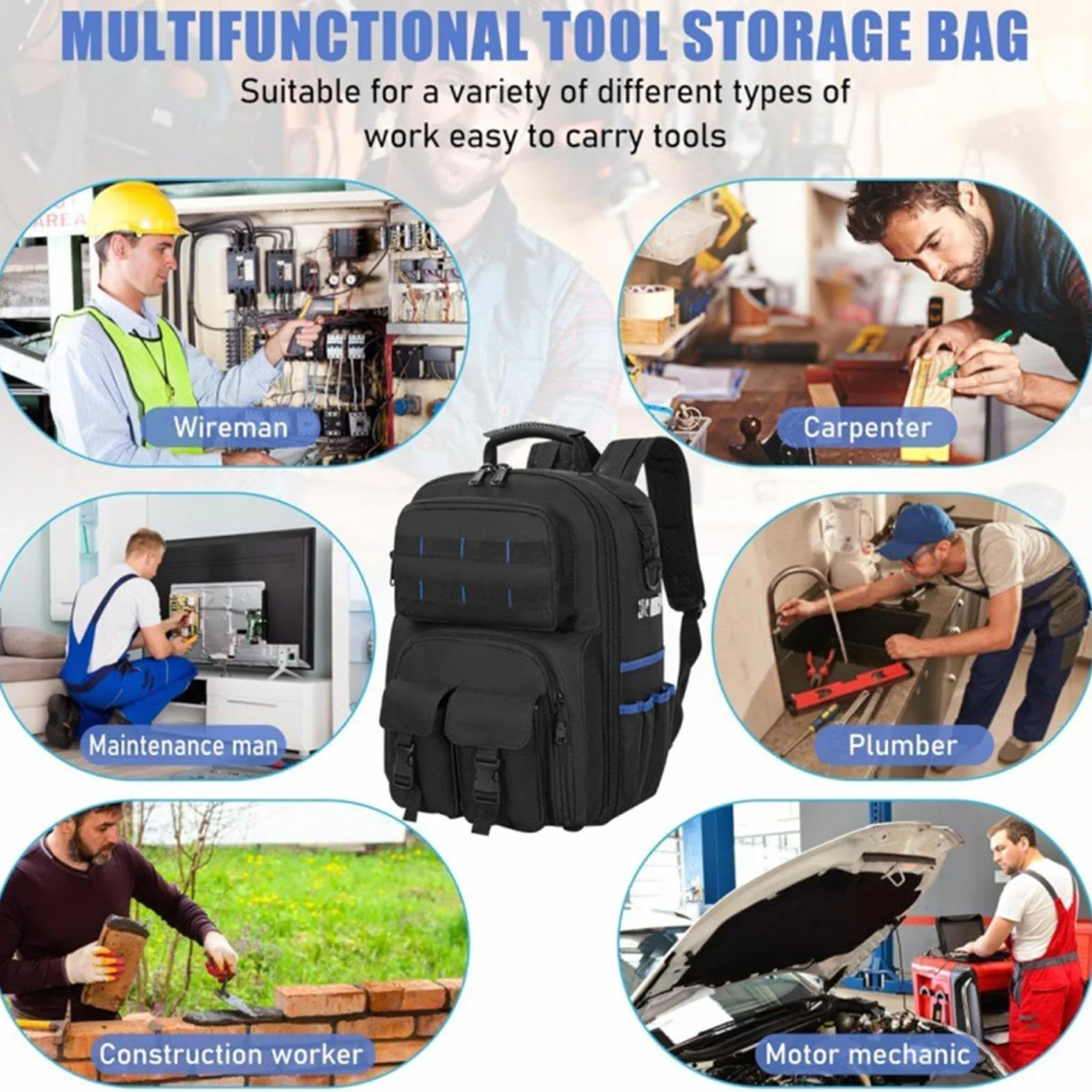 Mochila Para Electricista: De Herramientas Para Electricista, De Herramientas Con Fondo Rígido, Mochila De Trabajo Con Almacenamiento En El Fondo Rígido | Organizador De Trabajo Con Múltip
