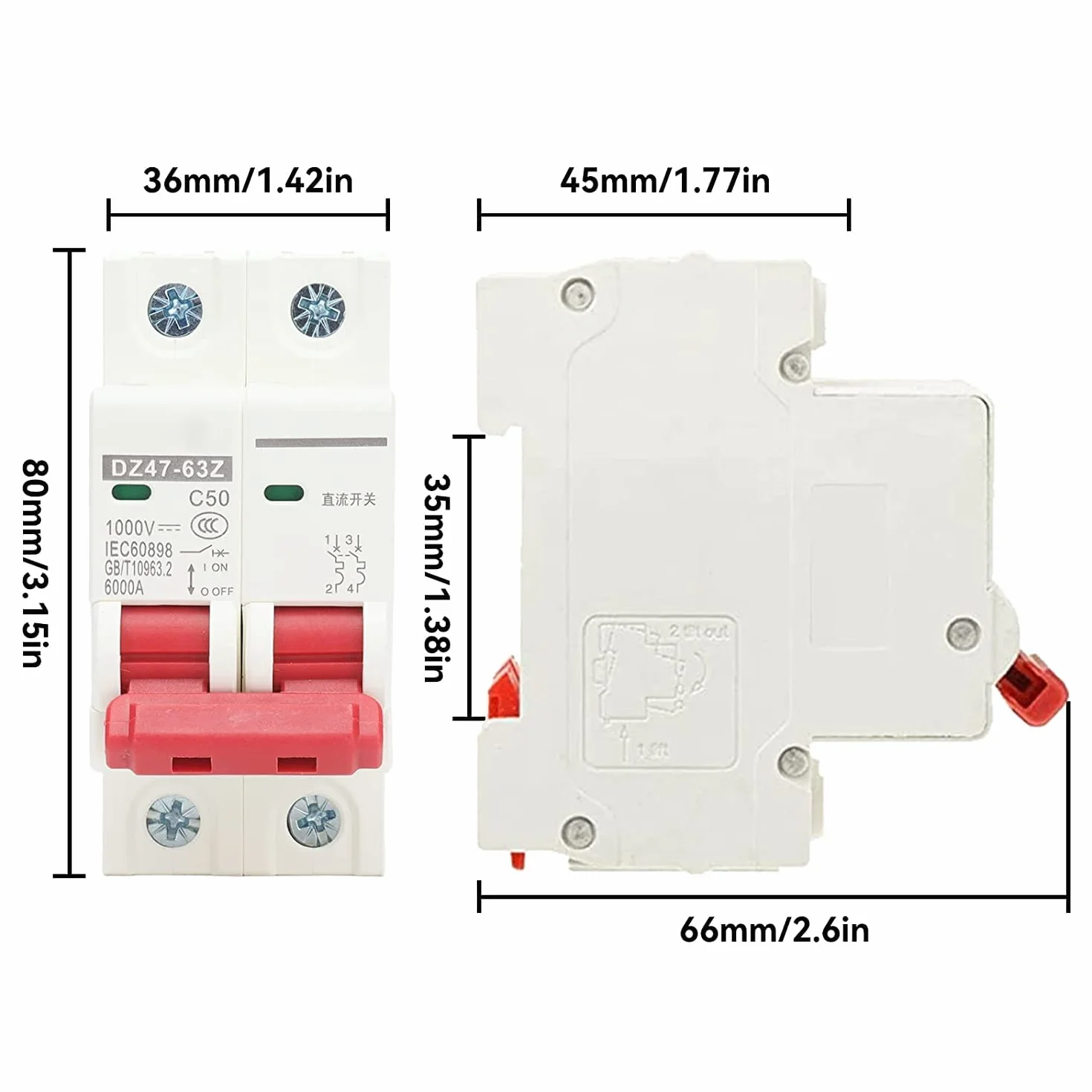 4 Uds DC 1000V Disyuntor, 20A 2P Interruptor Automático Miniatura, Montaje Carril DIN de 35mm de Disyuntores Protección Contra Sobrecargas Interruptor Aire Seguridad para Iluminación
