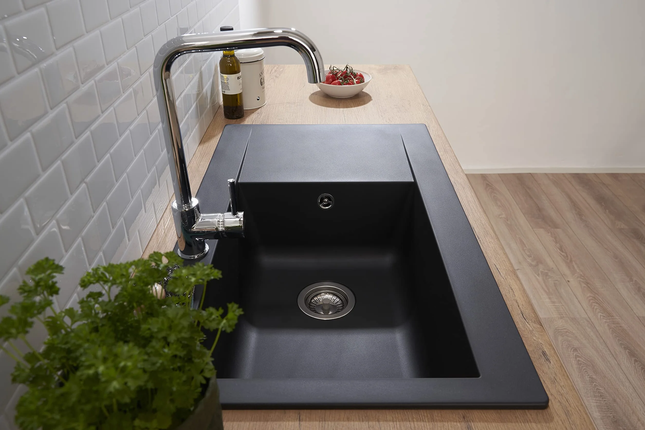 Fregadero empotrado de mineralita 1 cuenca negro, respekta DENVER86X50S, 86 x 50 cm