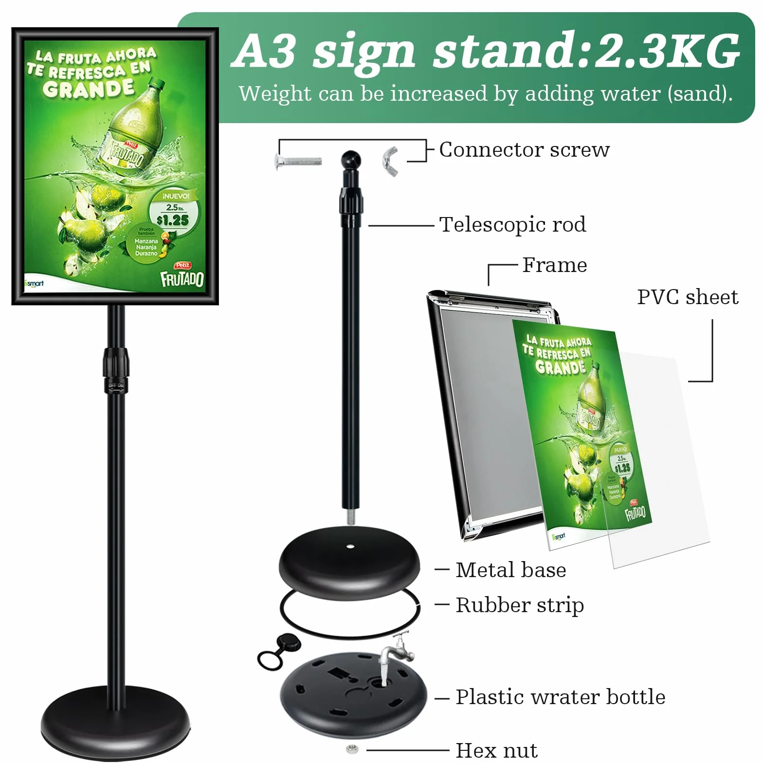Soporte para carteles de pie A3, aluminio, negro
