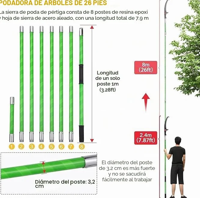 Sierra de Podar Telescópica con Asa, con Mango Telescópico de 8 Metros, Sierra de Podar Manual, Herramientas de Jardinería para El Tamaño de Palmeras y Arbustos
