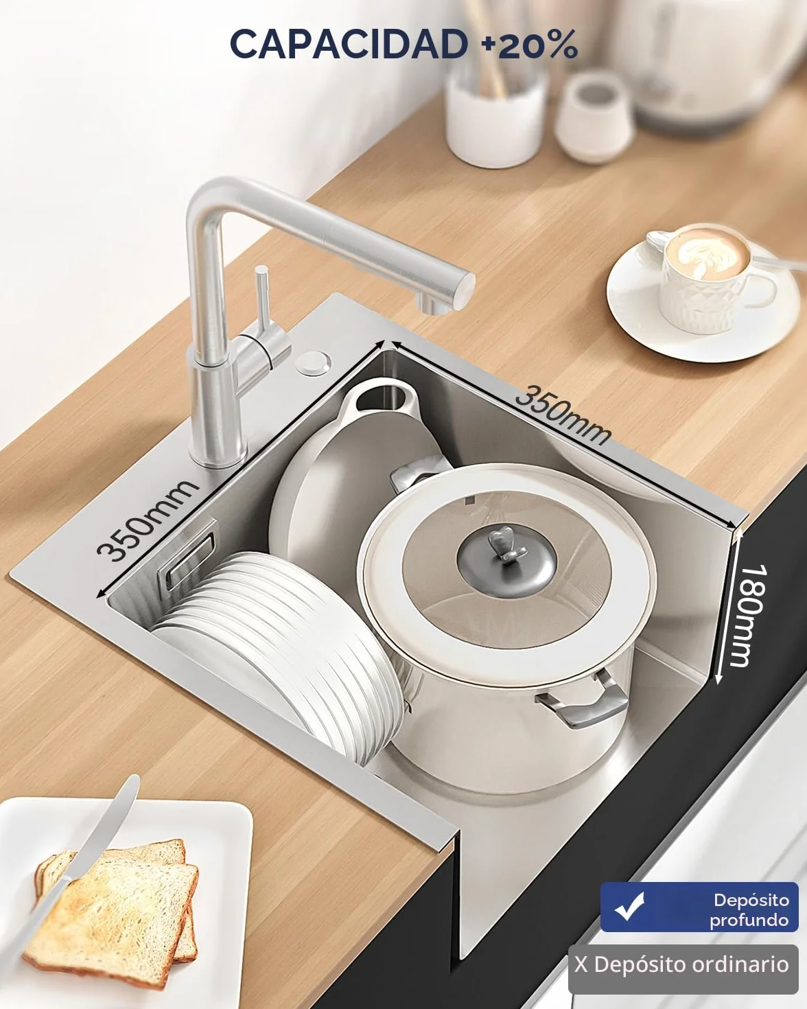 Fregadero Cocina 1 Seno 40x45cm, Fregadero Cocina en Acero Inoxidable 304, Fregaderos Sobre Encimera de Un Seno con Sifón y Juego Desagüe, Cepillado