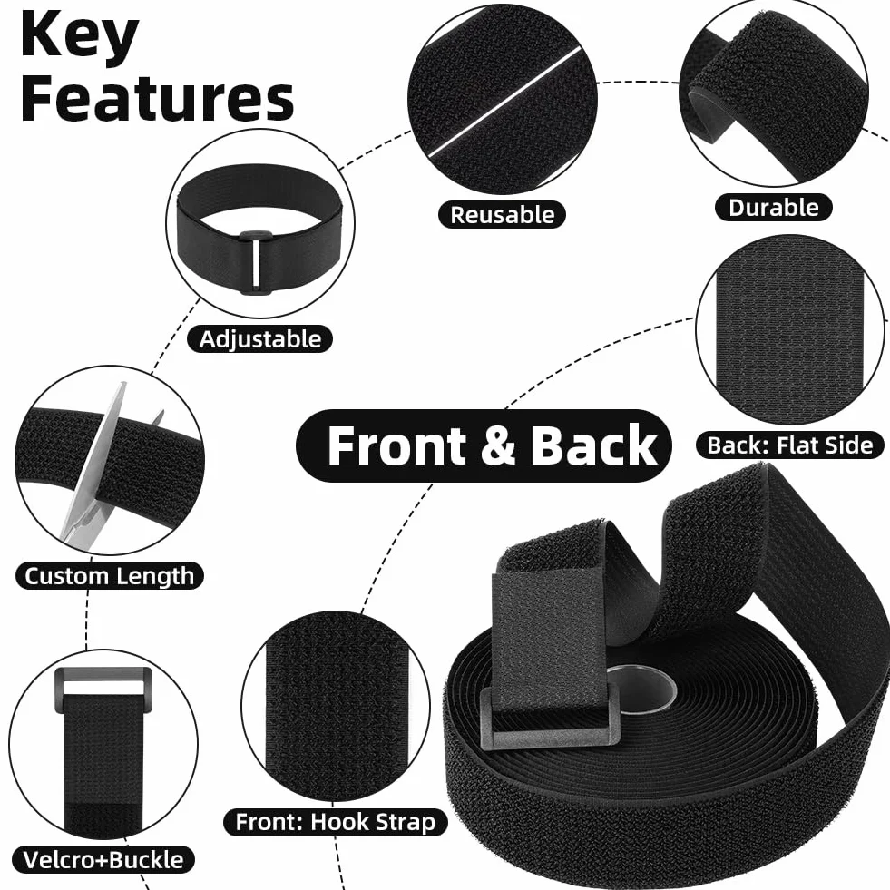 HOTUT Bridas Reutilizables para Cables de 6m x 3.8cm con 25 Hebillas, Ajustables de Nylon con Gancho y Bucle, Cortables a la Longitud Deseada, Cintas de Sujeción para Organizador Management de Cables