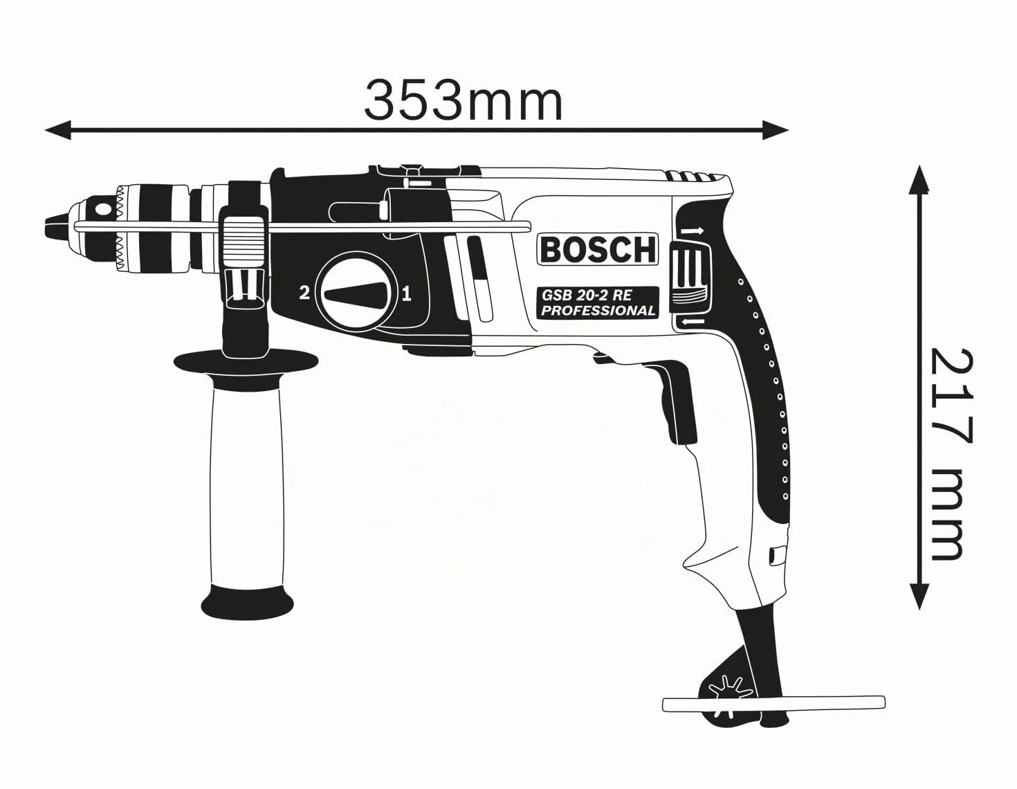 Bosch Professional taladro percutor GSB 20-2 (potencia 850 W, velocidad en vacío 3000 rpm, incl. profundidad retráctil, portabrocas intercambiable, empuñadura auxiliar, L-Case)