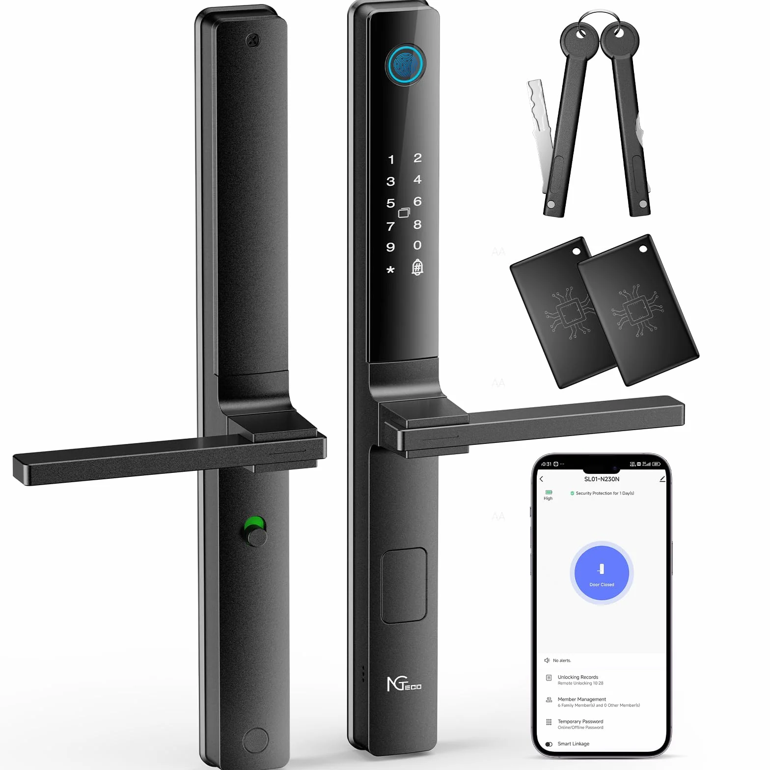 NGTeco Cerradura de puerta inteligente Cerradura de seguridad sin llave con huella digital, código, tarjeta IC, WiFi para puertas estrechas, control mediante aplicación, fácil instalación