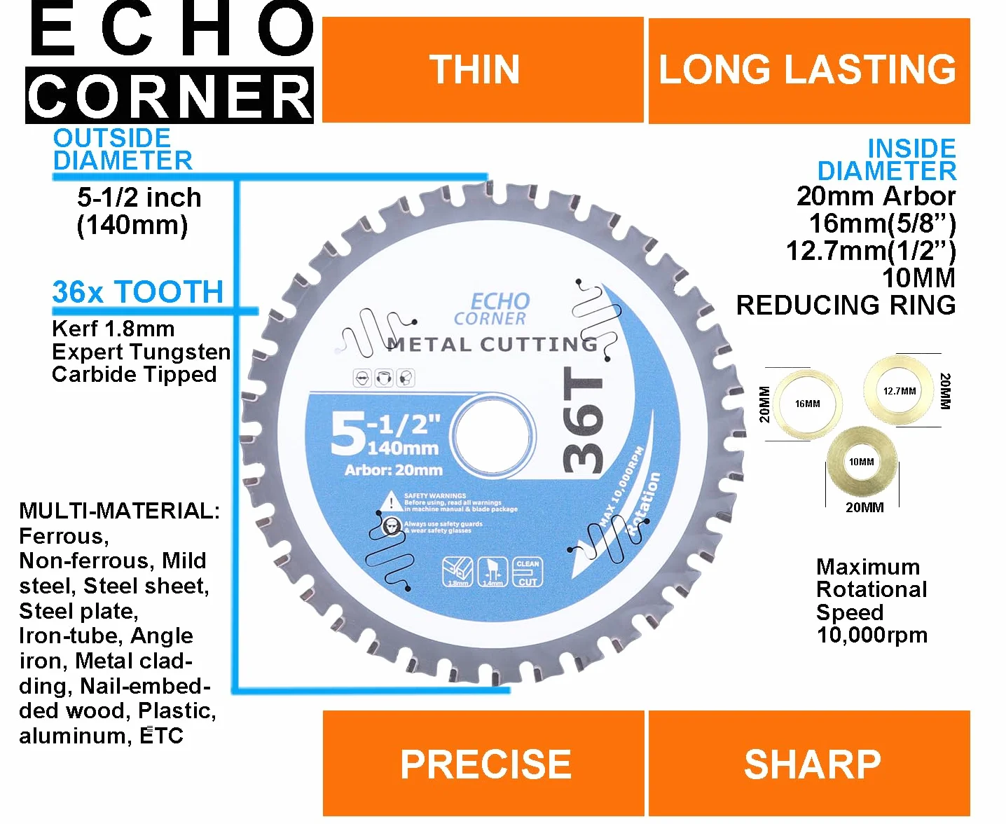 140 x 20 (16/12,7/10) 36-dientes Hoja de Sierra redonda de carpintería (140mm Metal)