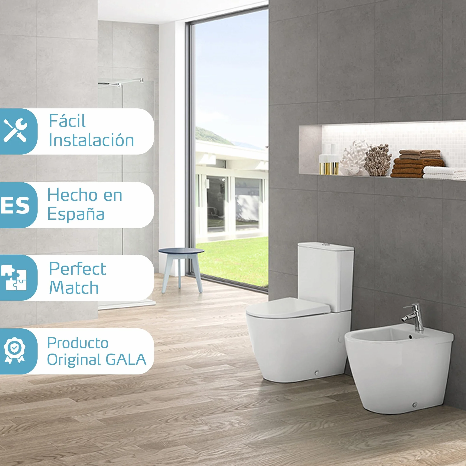 Gala Nila – Asiento Fijo para el Inodoro, Incluye Kit de Fijación y Bisagras de Acero Inoxidable, en Forma D, Color Blanco, Medidas 37.4 x 4.8 x 47.4 cm – Modelo G5138201