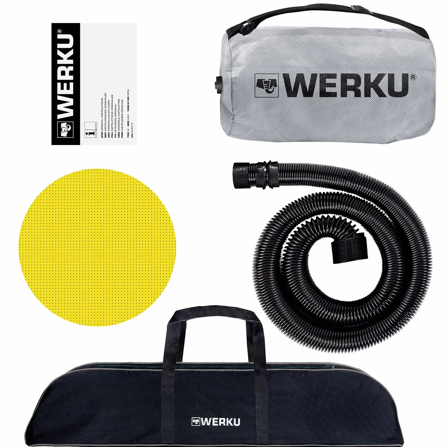Werku WK403070, Lijadora Circular Paredes-Techos Auto-Aspirante, Calidad Profesional, Potencia 750 W, Disco 225 mm, Sistema Luz LED Visión, Incluye Disco Lijado y Manguera Aspiración