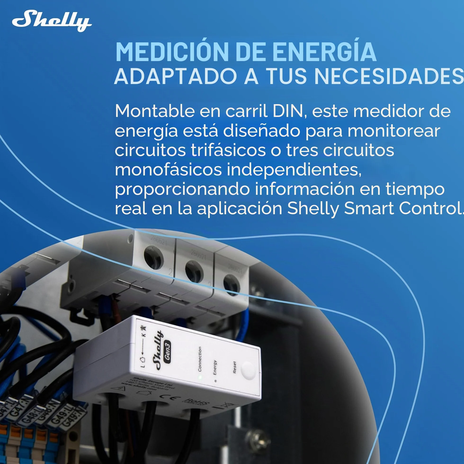 Shelly 3EM-63W Gen3- Wi-Fi & Bluetooth, Supervisión de Energía, Medición de Corriente Sin Contacto, Compatible con Fotovoltaicos, Instalaciones Trifásicas o Monofásicas, Reloj en Tiempo Real, iOS