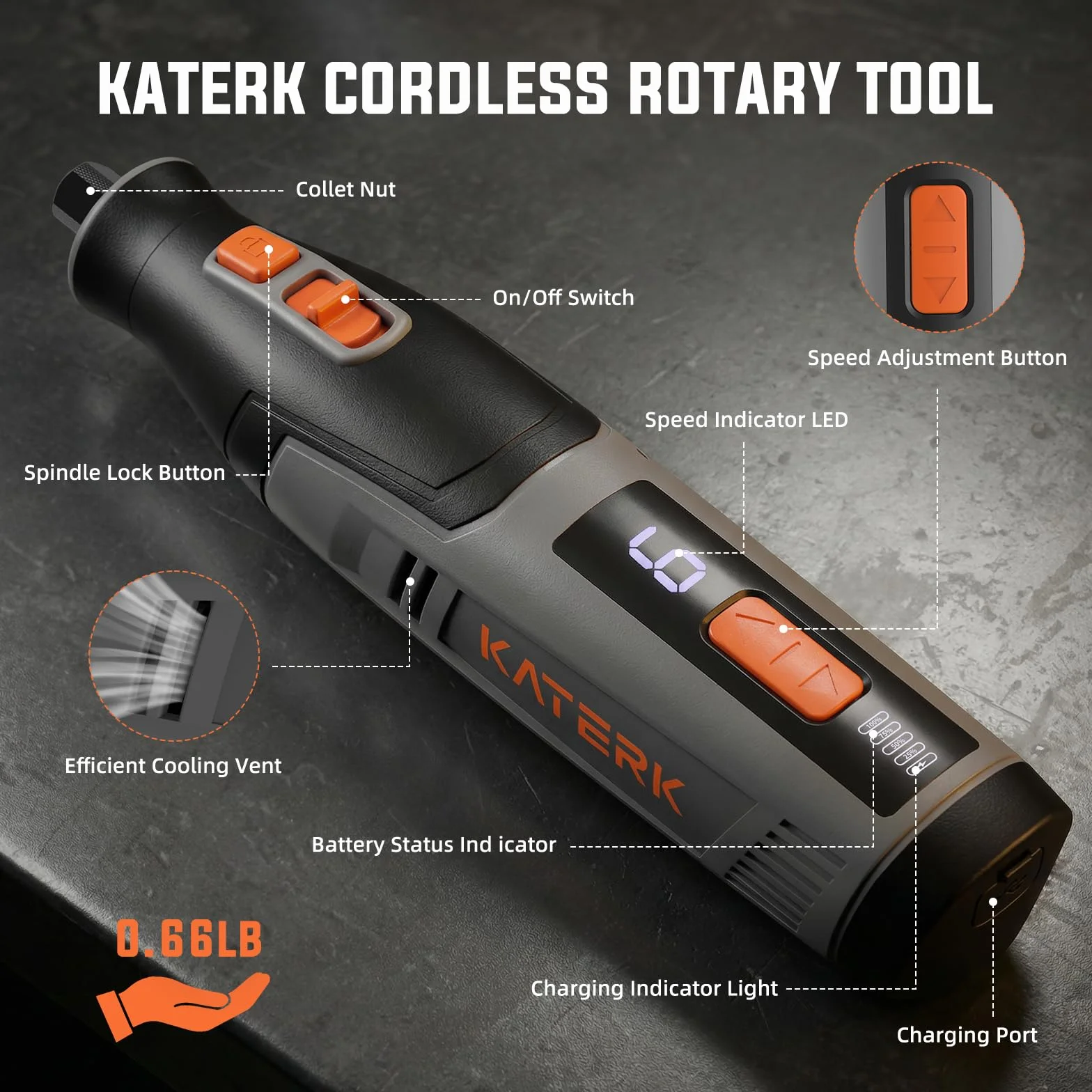 Katerk Kit de Herramientas de Amoladora, 6 Velocidades Herramienta Rotativa, 8000-28000RPM, Batería 4000mAh, Mini Amoladora Eléctrica con 70 Accesorios para Grabar,Taladrar,Cortar, Esmerilar- Gris