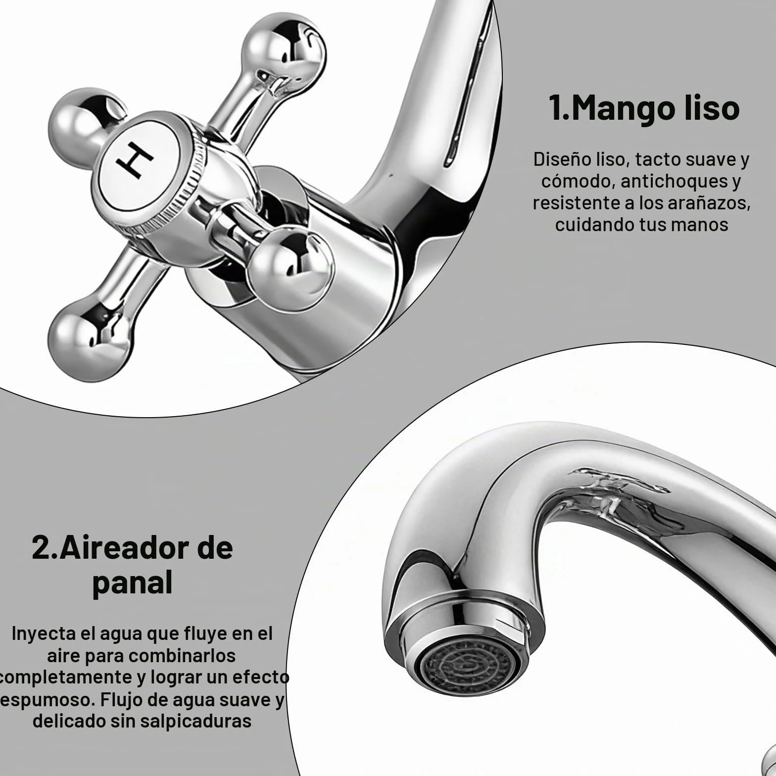 Grifo de baño, grifo mezclador de lavabo, grifo retro con dos asas, grifo de lavabo retro de 2 manijas, lavabo con caño altura 100 mm, 2 mangueras de 60 cm