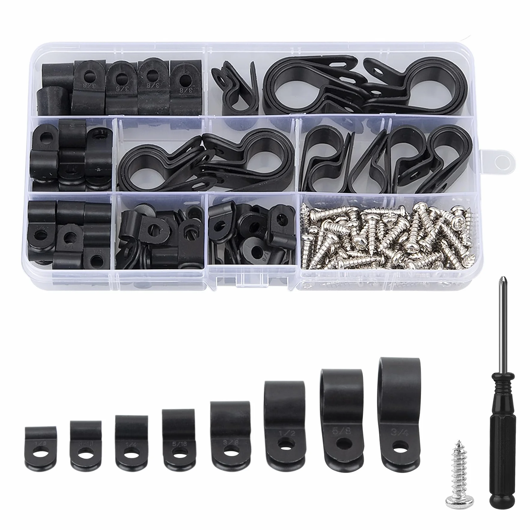 DesertBoy 151 Piezas Tipo R Abrazadera de Cable Nylon R-Type Clips de Cable Abrazadera de Cable Tipo R Negro con Tornillos y Destornillador para Conductos, Cables, Tubos y Mangas