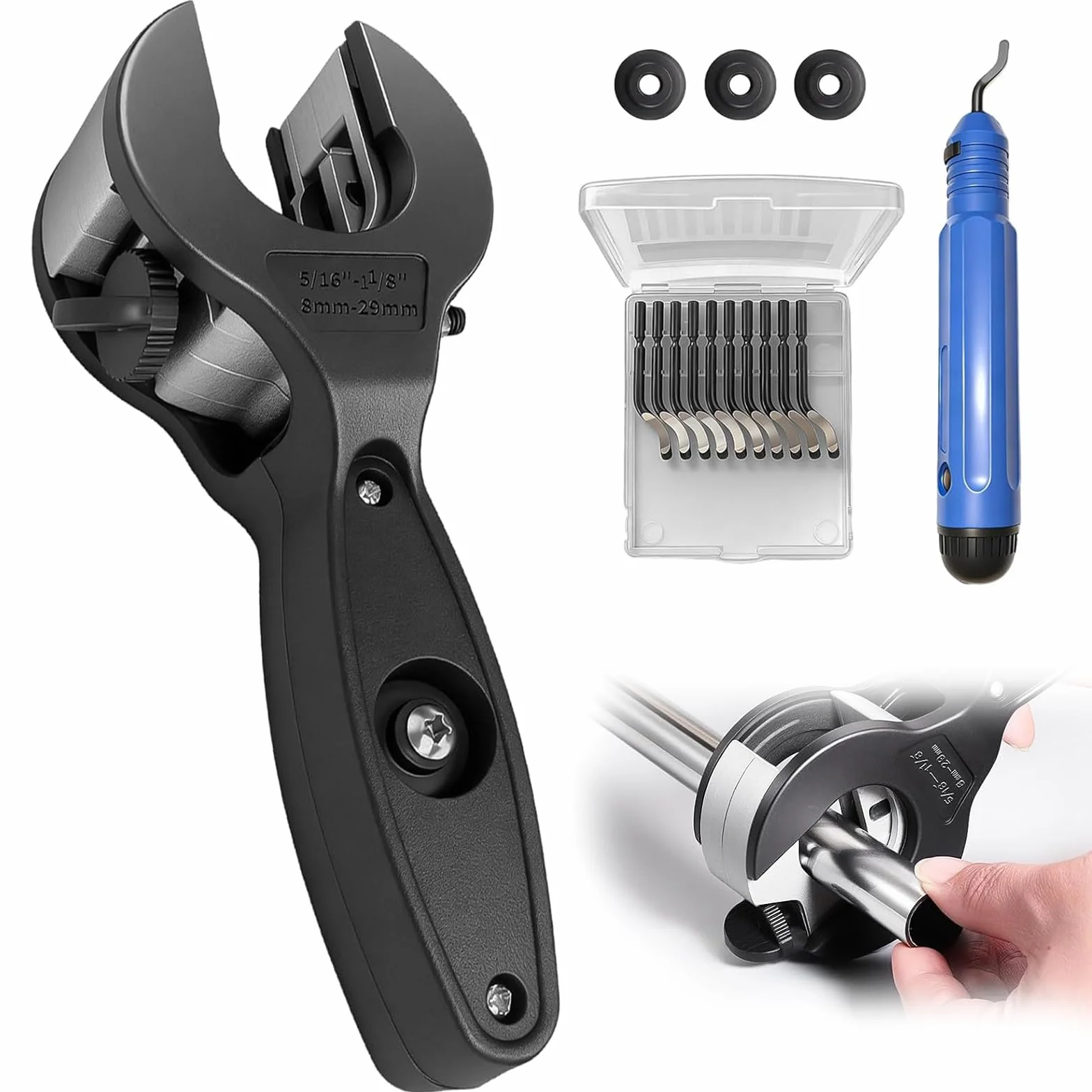 Cortatubos con Trinquete 8-29mm, para Tubos de PVC, Cobre, Acero, con 3 Cuchillas de Repuesto y Desbarbador, Juego Profesional