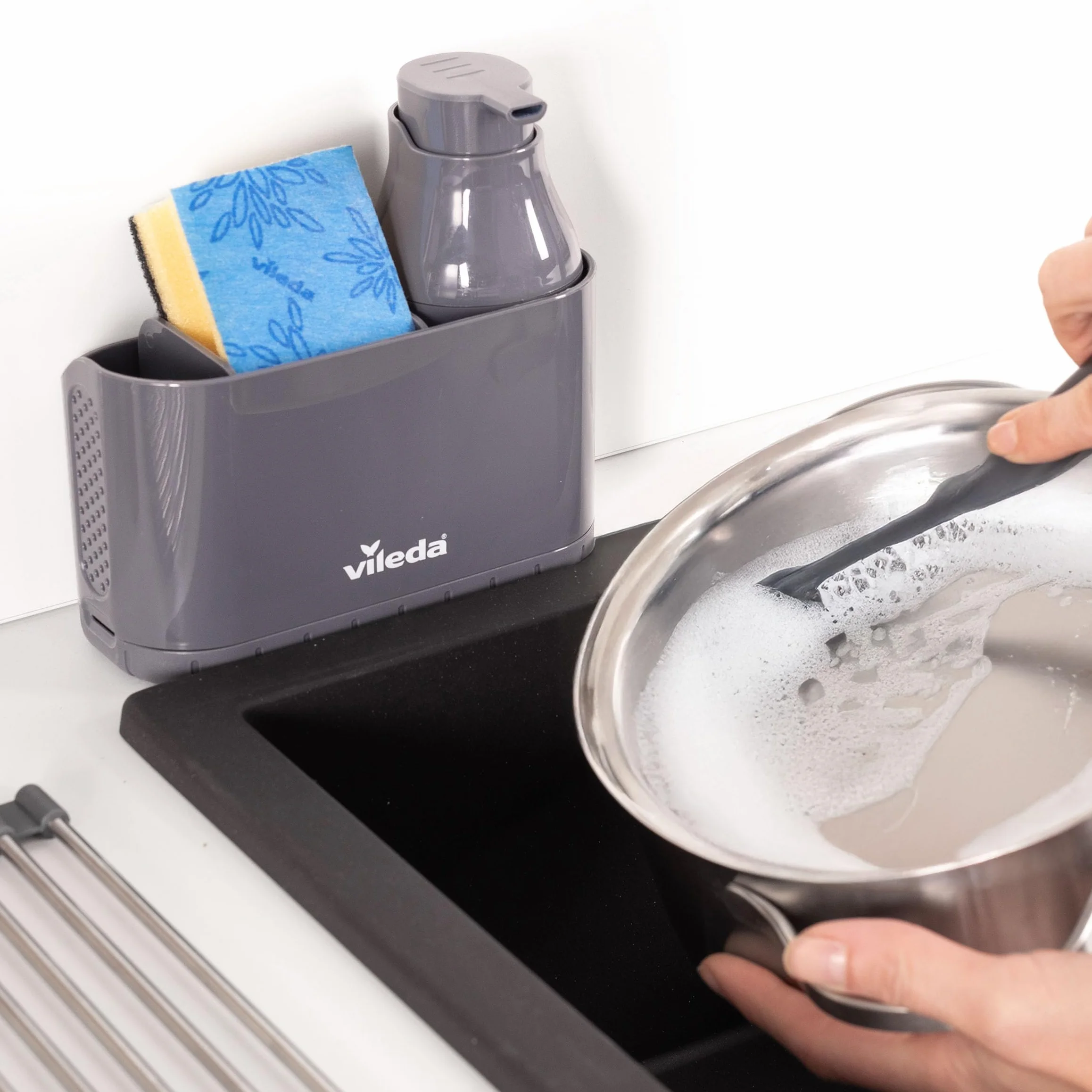 Vileda Organizador de Fregadero con Dispensador de Detergente - Soporte de pie para esponjas y cepillos con dosificador de jabón - Organizador de cocina de plástico con divisores ajustables