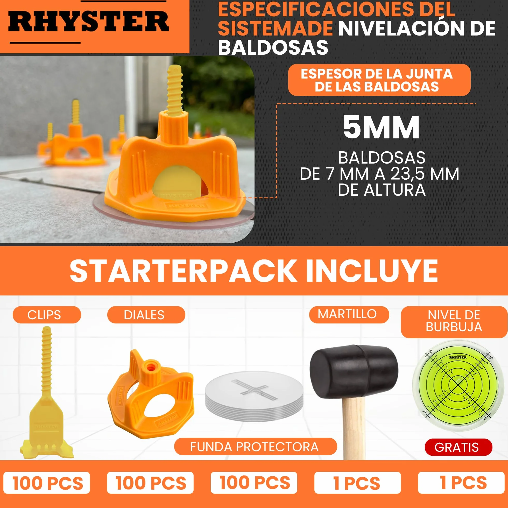 Kit de crucetas autonivelantes de 5 mm – Starter Pack - 302 Unidades | 100 Clips + 100 cuadrantes + 100 Protecciones + mazo + Nivel de Burbuja Incluido | Colocación fácil y precisa