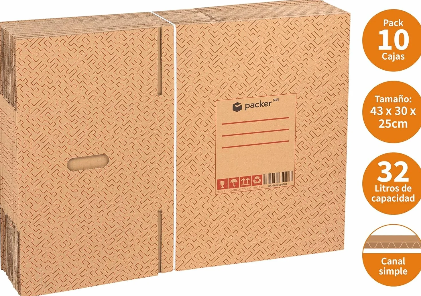 Packer PRO Pack 10 Cajas Carton para Mudanzas y Almacenaje con Asas 430x300x250mm