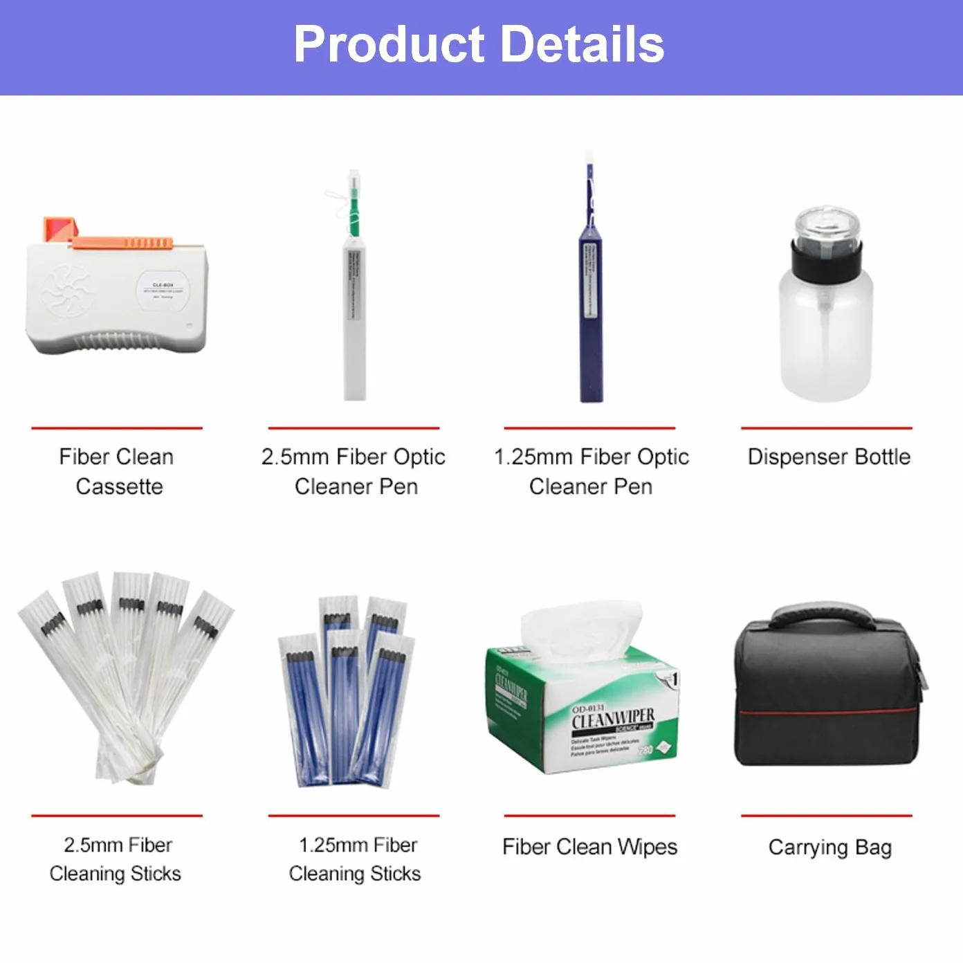Fiber Optic Cleaners Kit de limpieza de fibra óptica 1.25mm/2.5mm One Click Cleaner Pens limpiador para fibra óptica Herramientas con Cleaning Casete Sticks Wipes para conectores FC SC ST LC MU