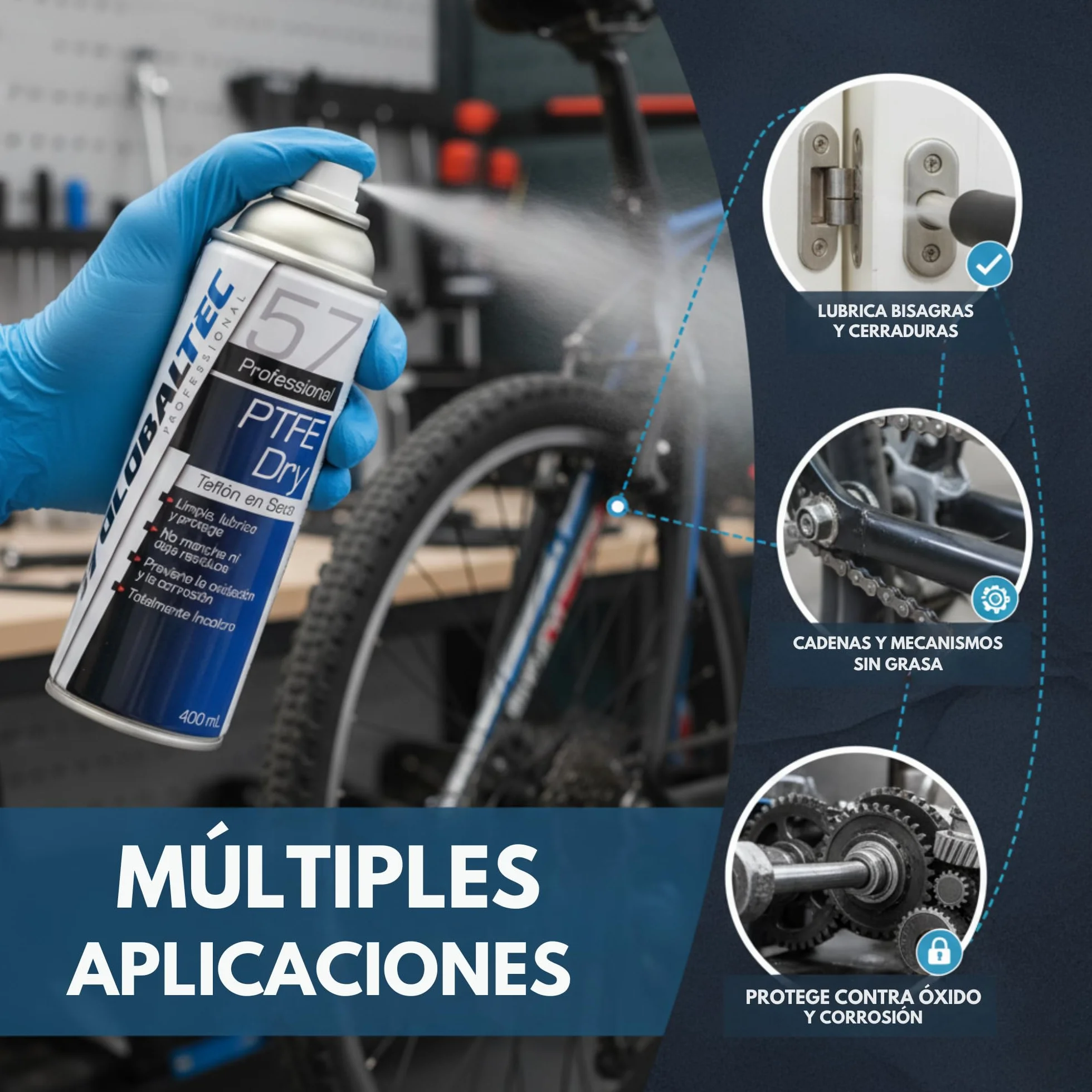 Lubricante de Teflón Seco PTFE Spray Multiusos 400 ml – No Mancha ni Atrae Polvo, Secado Rápido, Antiadherente – Cadena Bici, Cerraduras, Bisagras, Cremalleras, Impresora 3D – Globaltec Professional