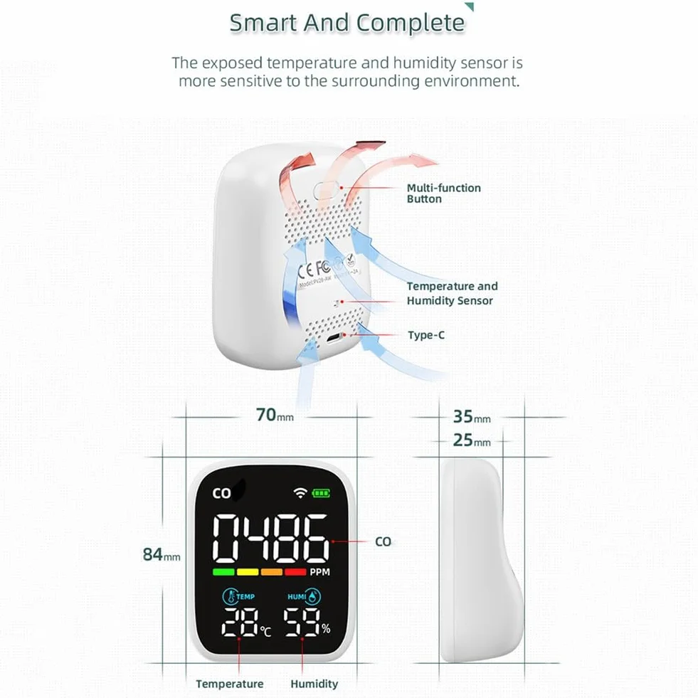 TORR PV28 Mini Detector de CO Inteligente WIFI, Monitor de Calidad del Aire Interior 3 en 1, Medidor de Temperatura y Humedad de CO, Probador de CO