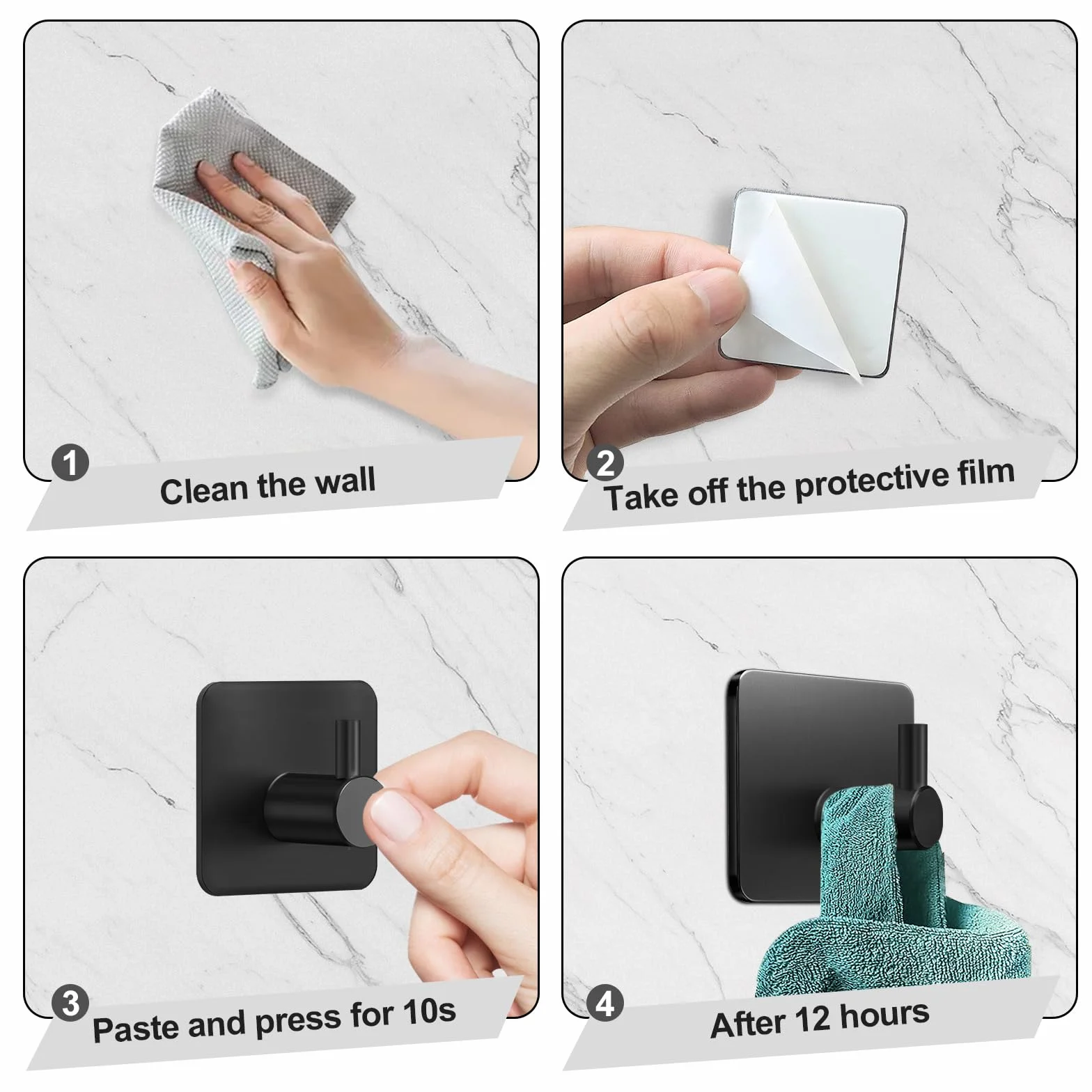 Ganchos Adhesivos para Pared Acero Inoxidable, 4 Piezas Negro, Colgadores Adhesivos, Autoadhesivo Colgador Toallas, Accesorios para Baño Extrafuertes y Sin Taladro, Multi-Uso para Llaves y Ropa