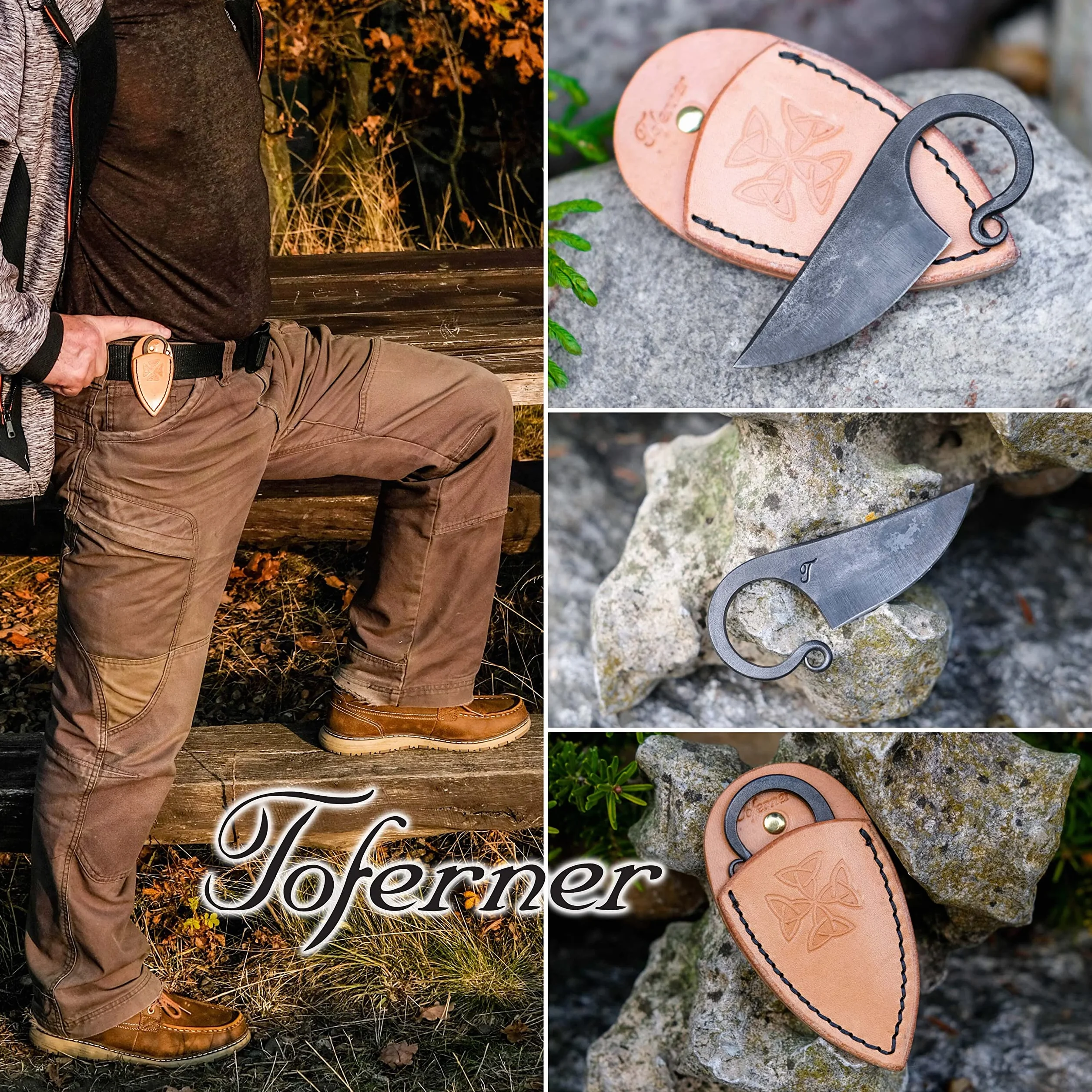 Toferner - Cuchillo de acero celta - Forjado a mano y aspecto vintage - Elegante diseño antiguo - Incluye estuche de cuero auténtico