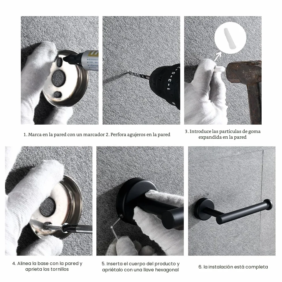 Toallero de Baño, Accesorios baño,Que Incluye 1 toallero, 1 portarrollos y 3 Ganchos. El Conjunto Completo Ofrece soluciones prácticas para el baño (Negro)