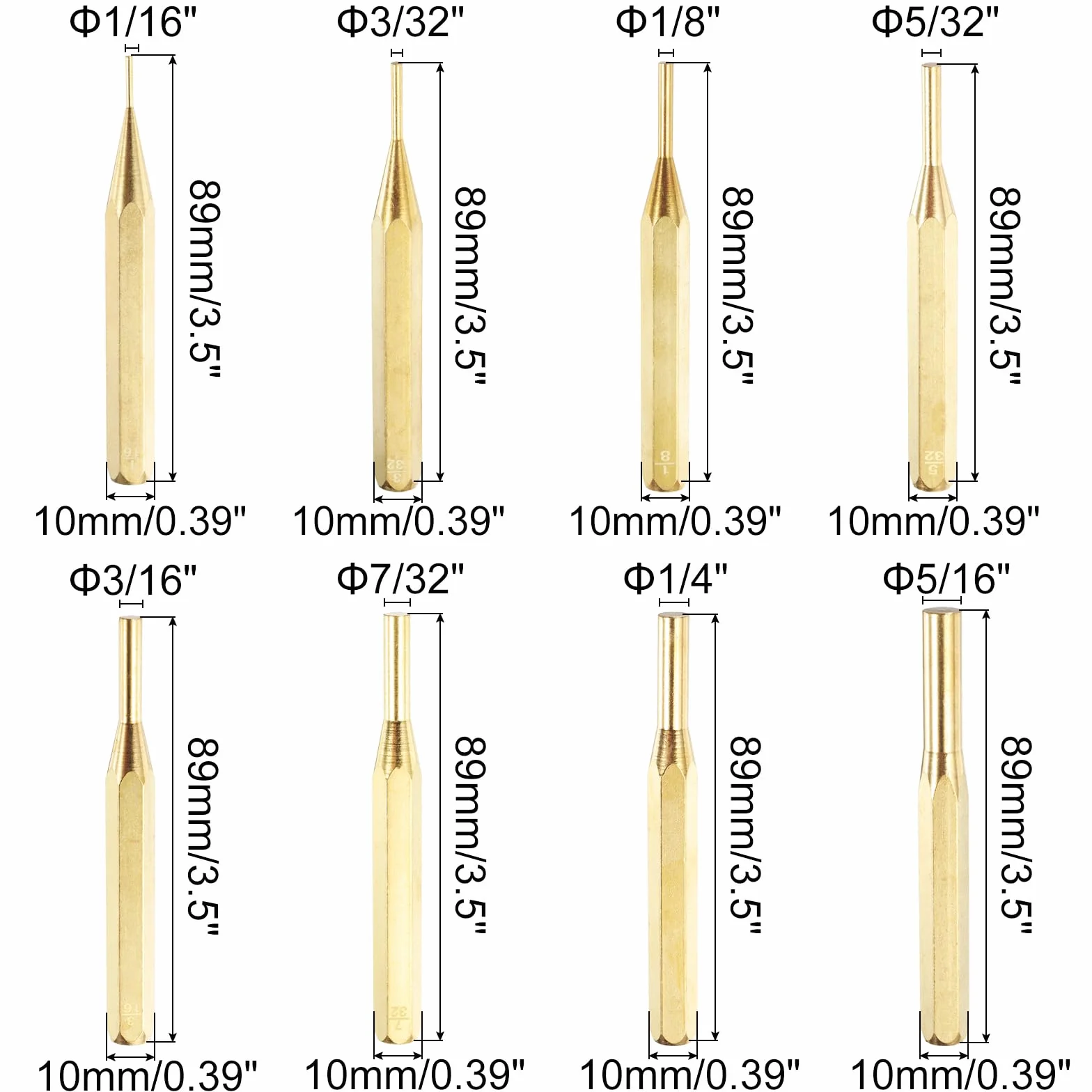 HARFINGTON Juego de 8 perforadores de latón de 1/40.6 cm, 3/81.3 cm, 1/20.3 cm, 5/81.3 cm, 3/40.6 cm, 7/81.3 cm, 1/10.2 cm, 5/40.6 cm, perforadores cilíndricos de alineación para reparación de
