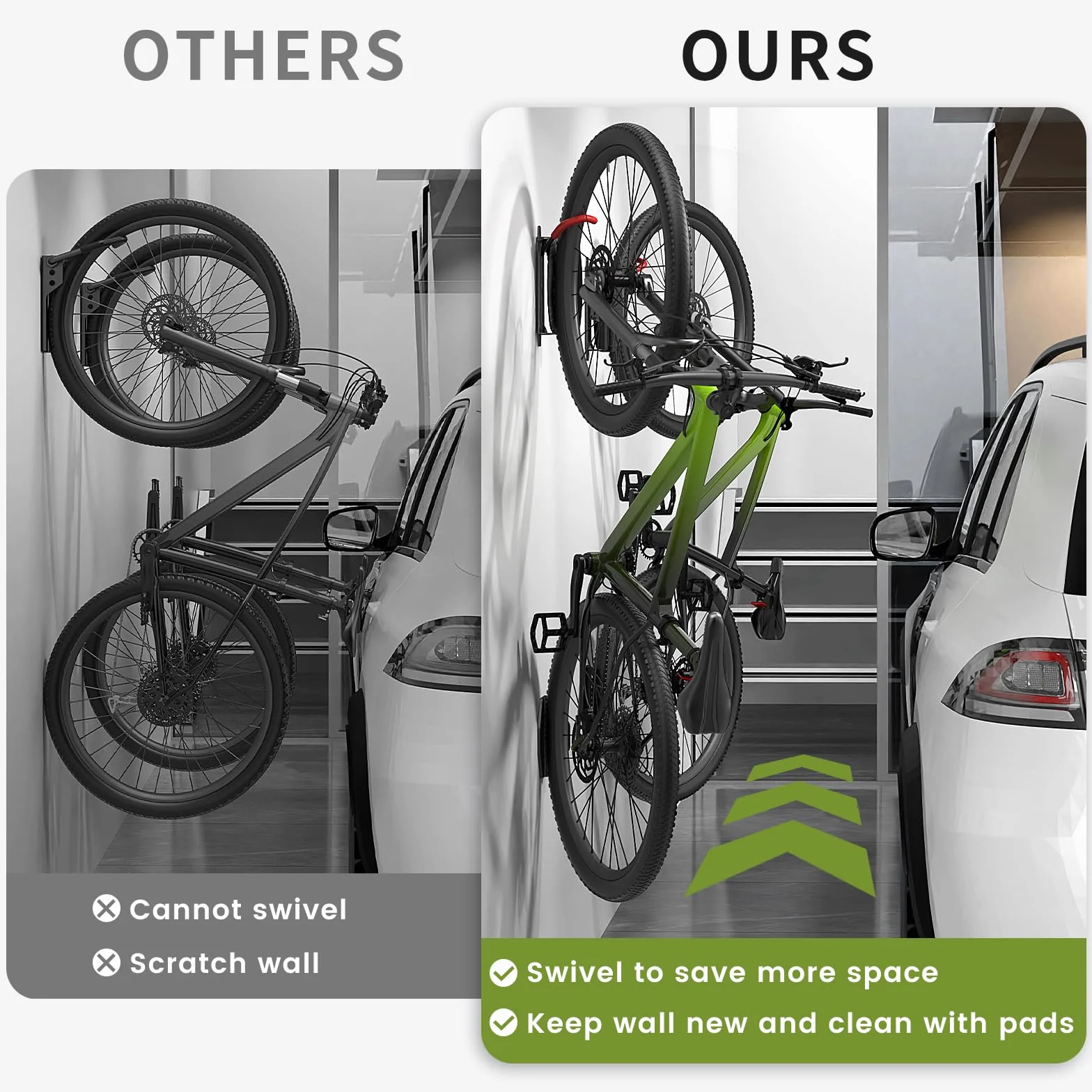 Housolution Soporte Vertical de Pared Giratorio para Bicicletas, Soportes de Ppared para Bicicletas de Montaña, Soporte de Almacenamiento de Bicicletas para Garaje, Soporta hasta 66 Libras(2 Paquete)