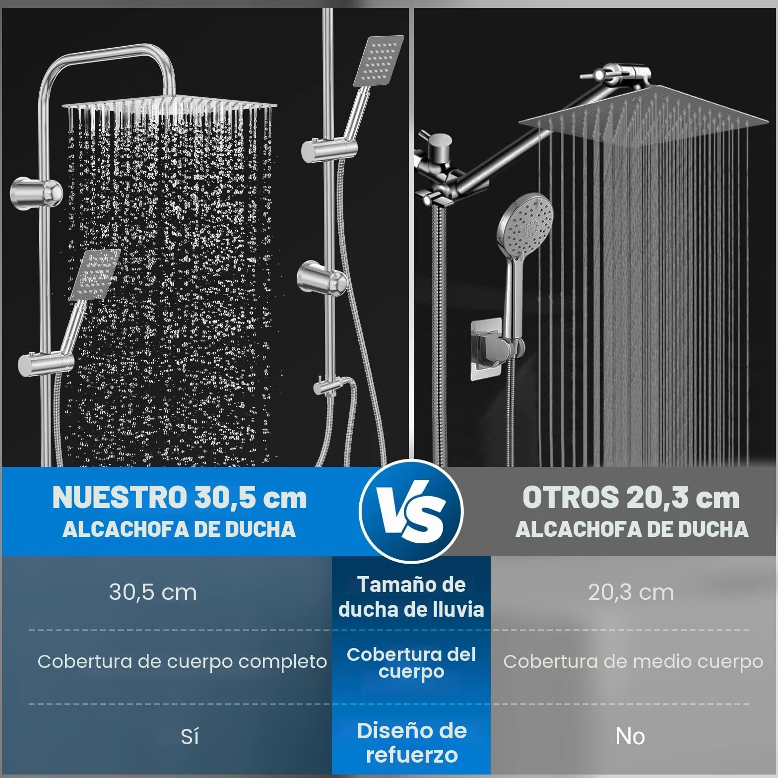 Columna Ducha Completa Acero Inoxidable Cromado Cabezal Lluvia 30x30 cm Soporte Ajustable