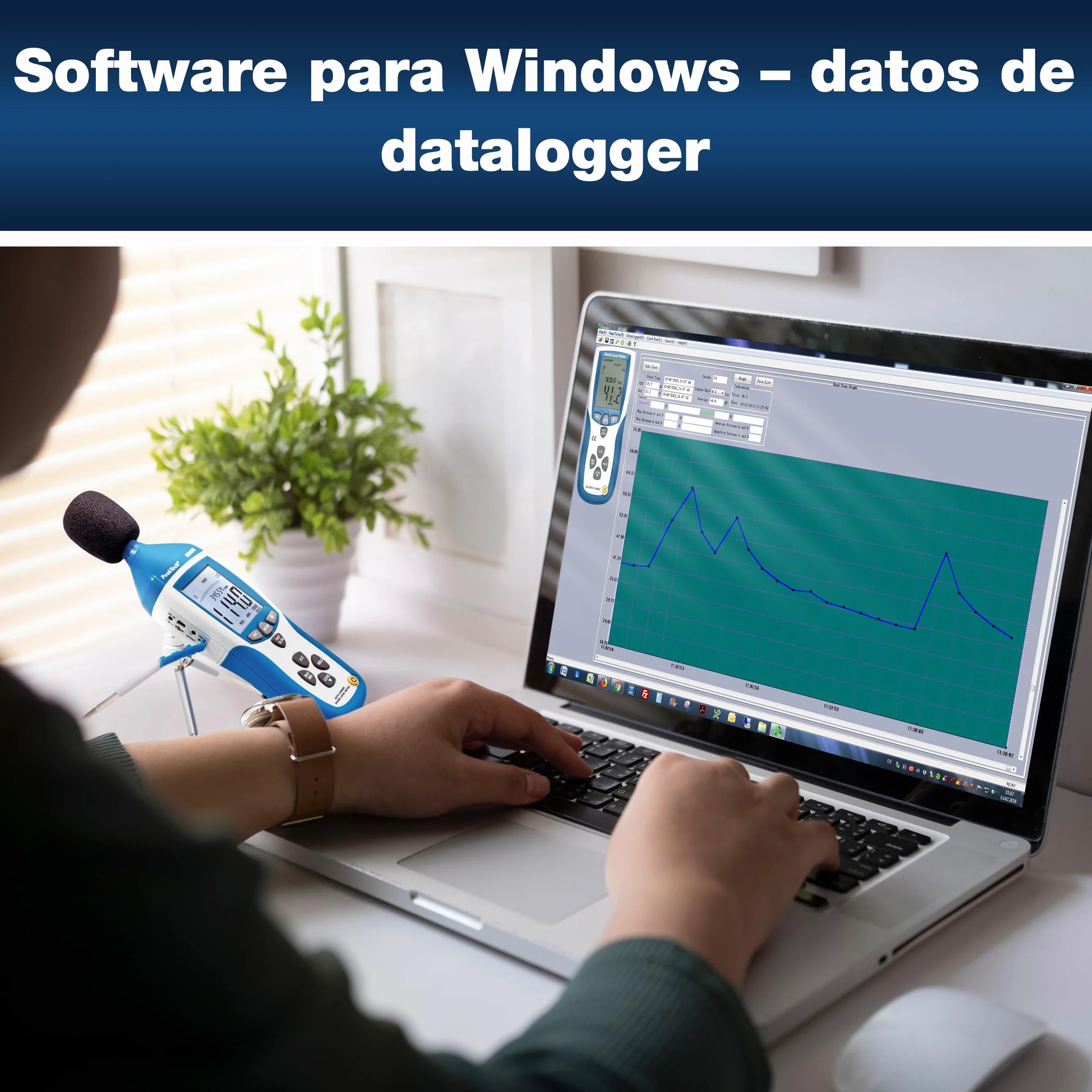 PeakTech 8005 – Medidor de nivel de sonido clase 2 con grabación (32000 valores medidos), calibrado, USB, medidor de dB, Min / Max, registrador de datos, salidas de CA / CC, 30 dB - 130 dB