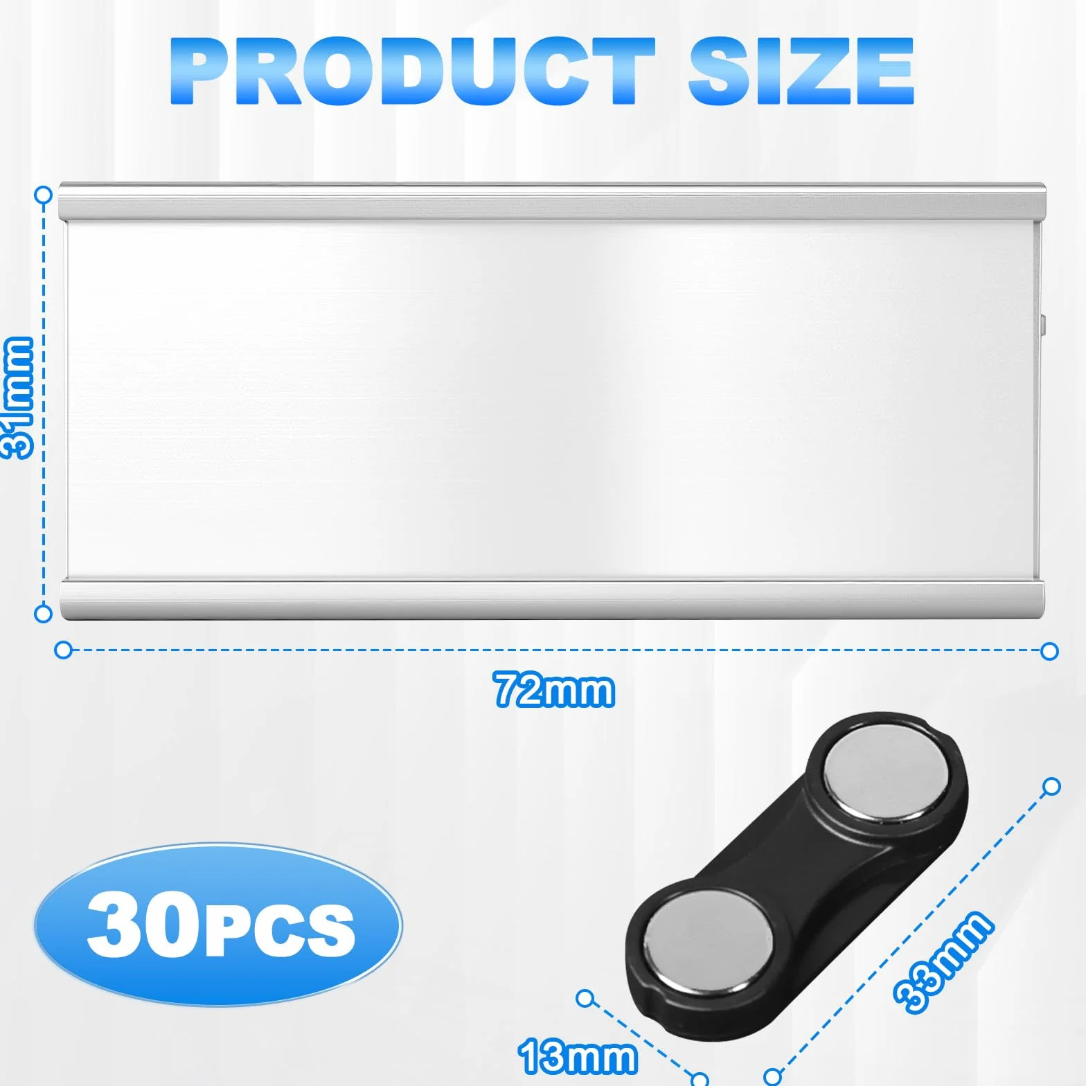 30 Placas de Identificación Magnéticas para Ropa de Aluminio - Sujeción Doble con Imán y Alfiler (72 x 32 mm) - Para Oficina, Escuela, Eventos