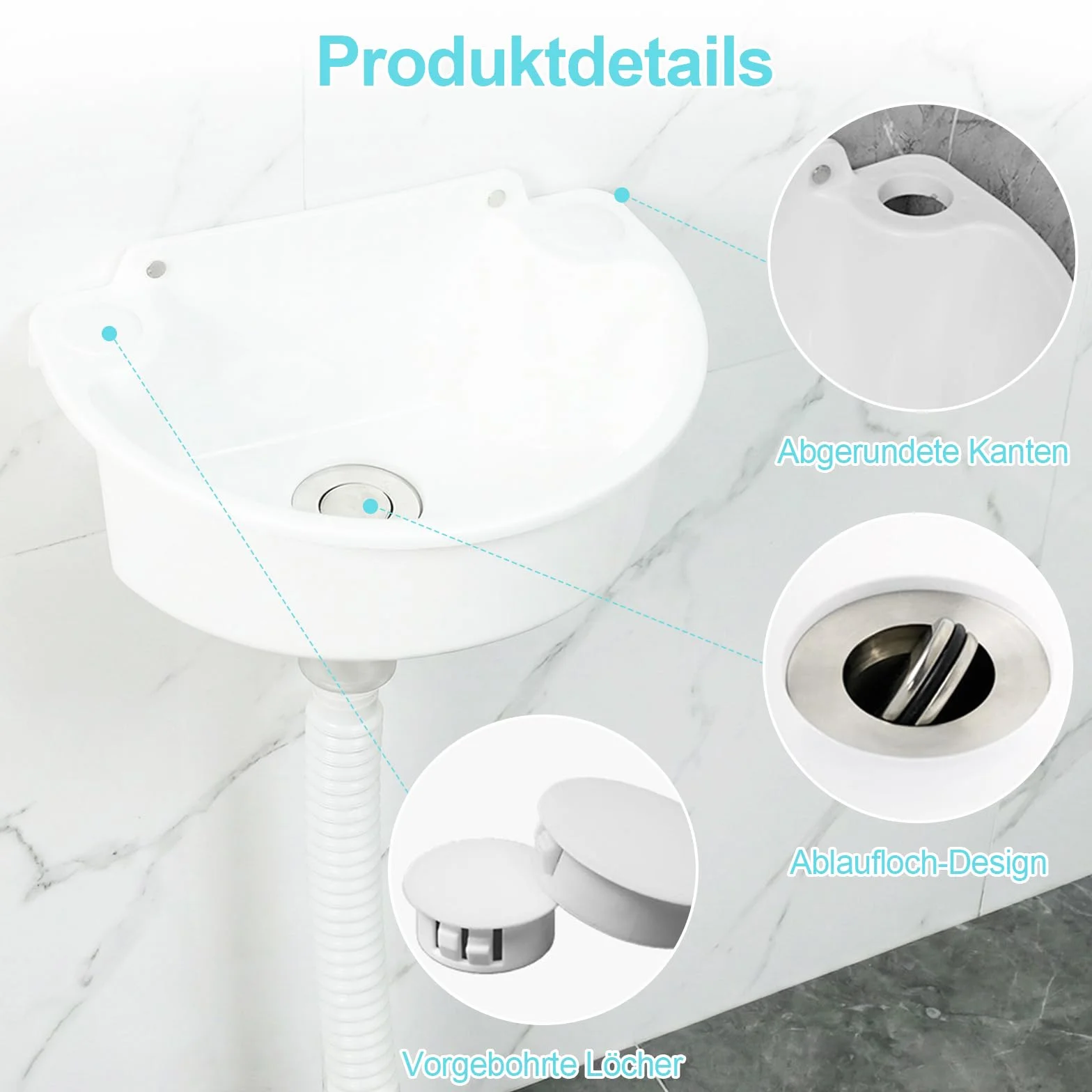 Fregadero de plástico, mini lavabo con desagües de acero inoxidable de 75 cm y tapón de drenaje, fregadero semicircular curvado, para camping, para jardín, sótano, inodoro y baño